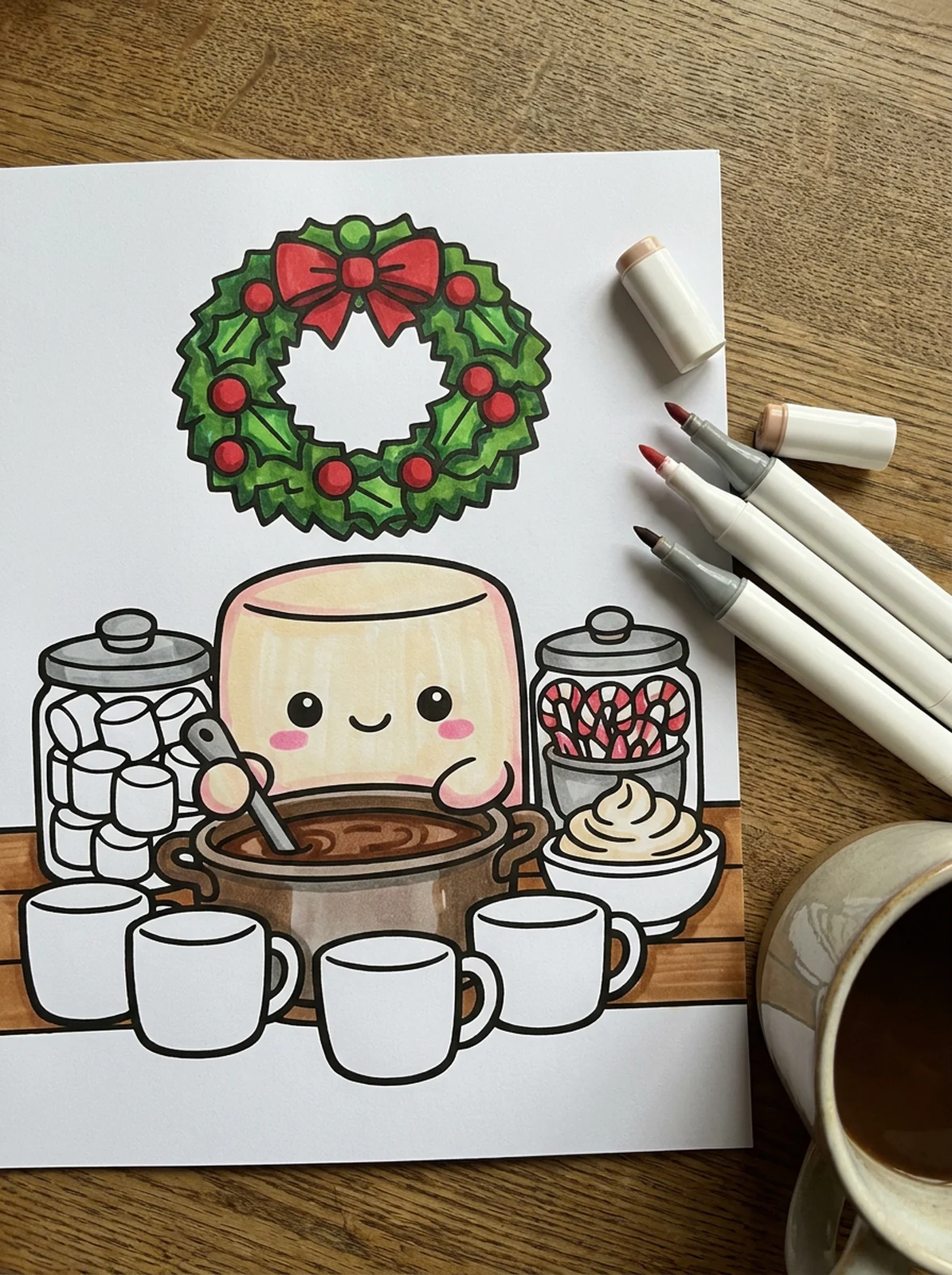 Hot Cocoa Bar with Toppings coloring page printed and half colored with markers