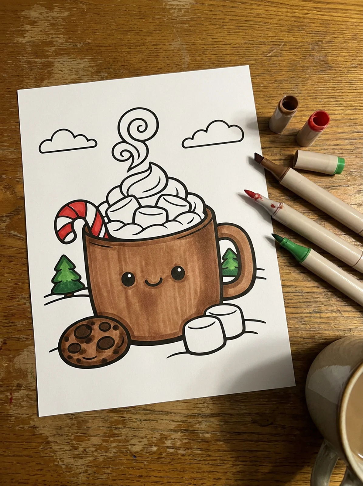 Hot Cocoa Mug with Marshmallows coloring page printed and half colored with markers