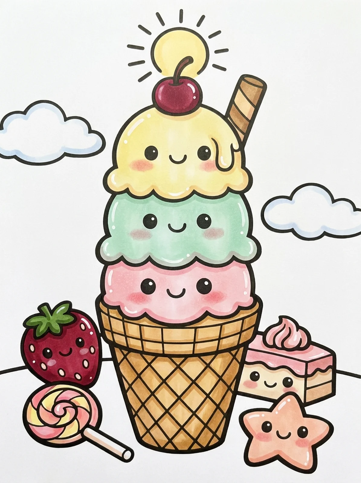 Ice Cream Cone with Three Scoops coloring page, colored in