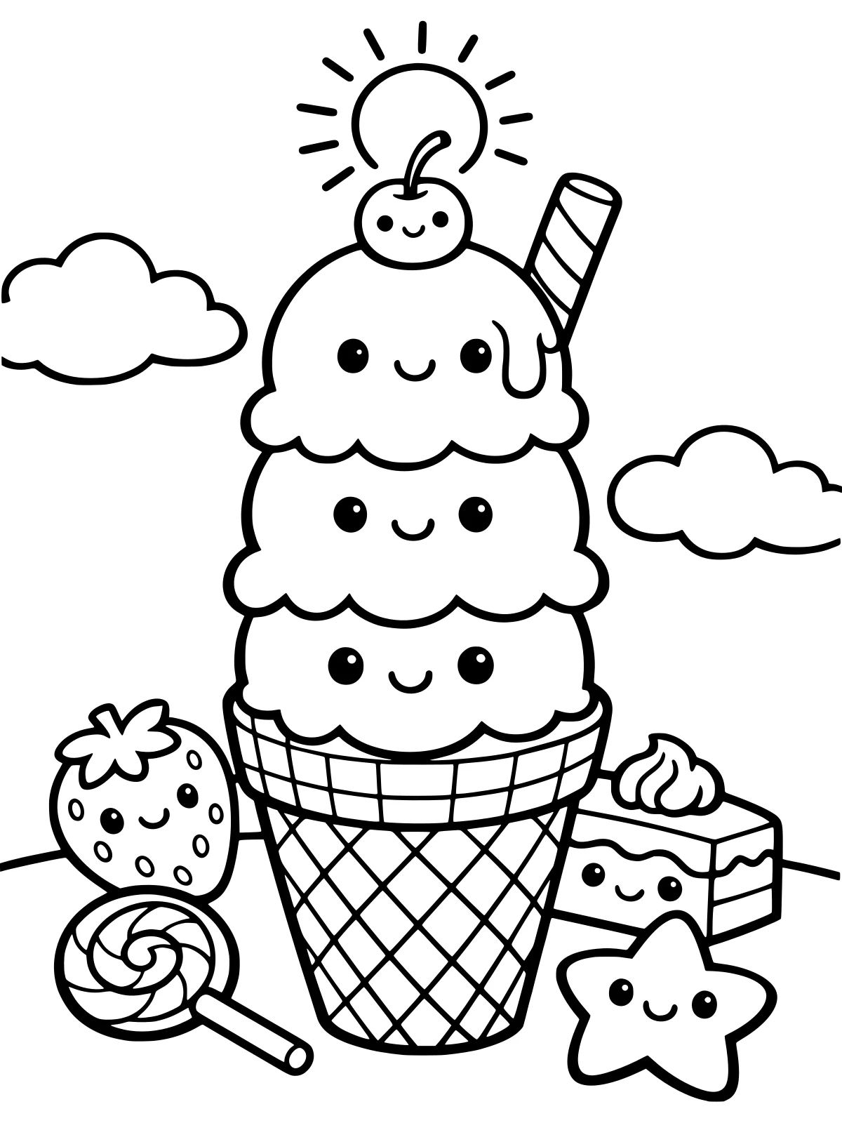 Ice Cream Cone with Three Scoops coloring page: a big waffle cone stacked with three scoops of ice cream, topped with a cherry and a wafer stick, bold and easy line art