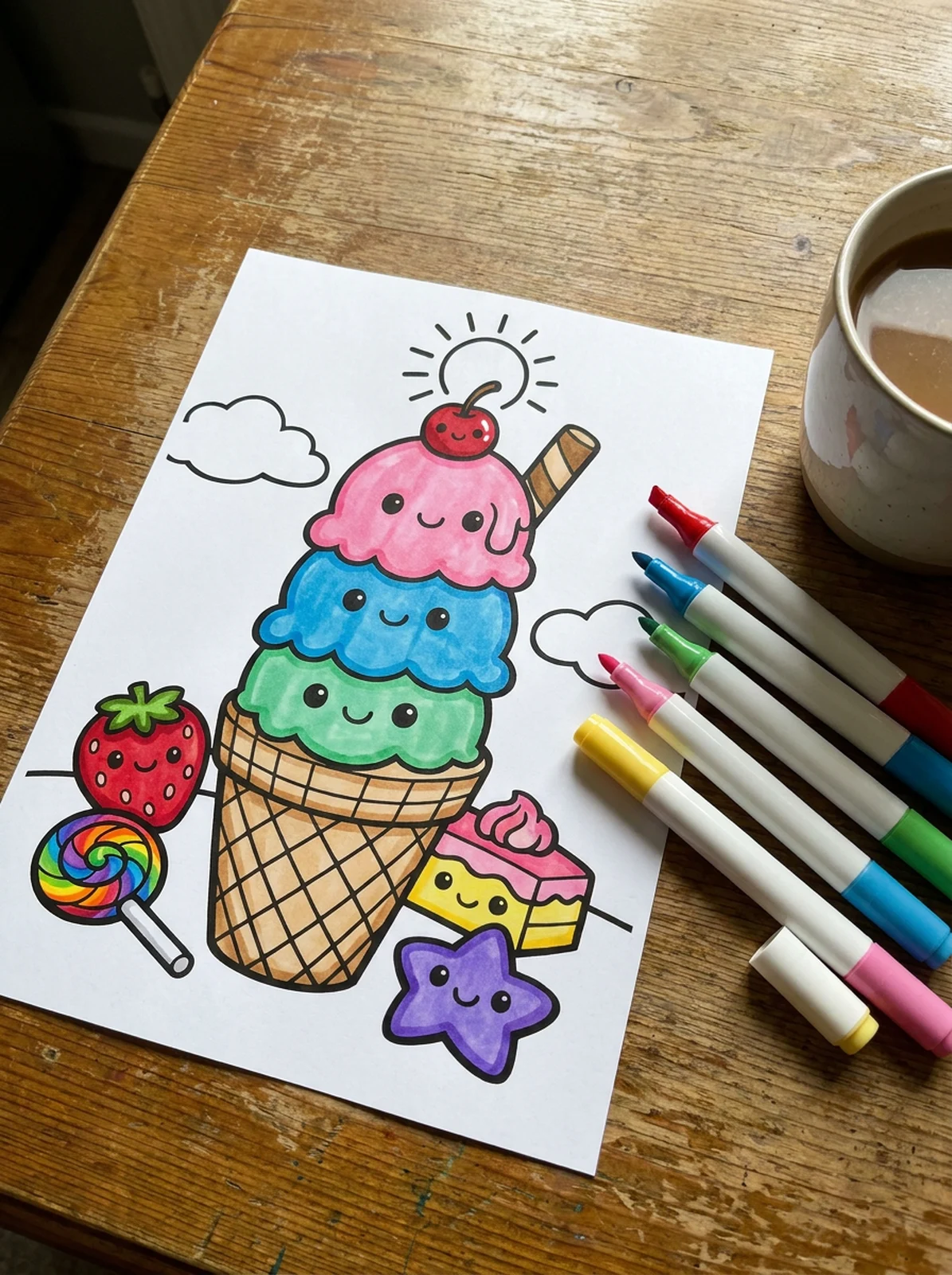 Ice Cream Cone with Three Scoops coloring page printed and half colored with markers