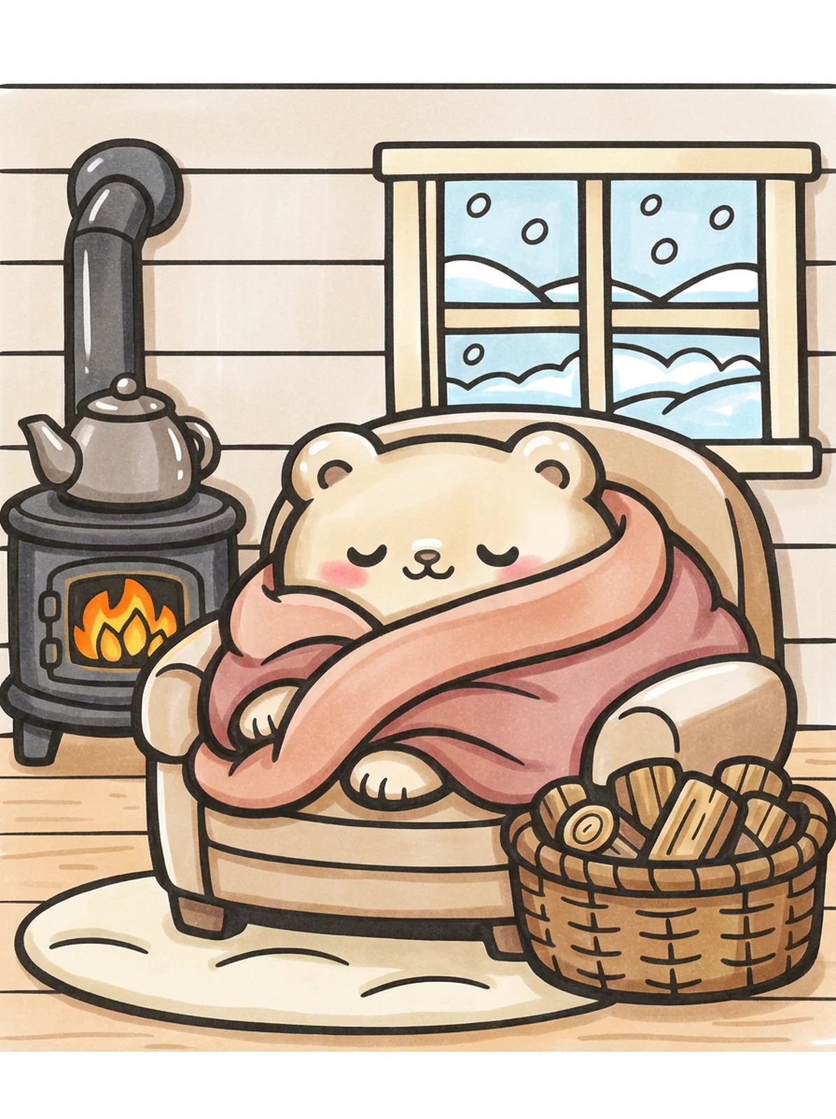 Inside a Winter Cabin by the Stove coloring page, colored in