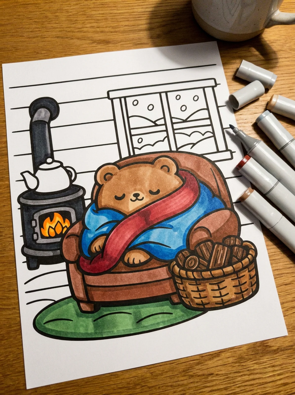 Inside a Winter Cabin by the Stove coloring page printed and half colored with markers