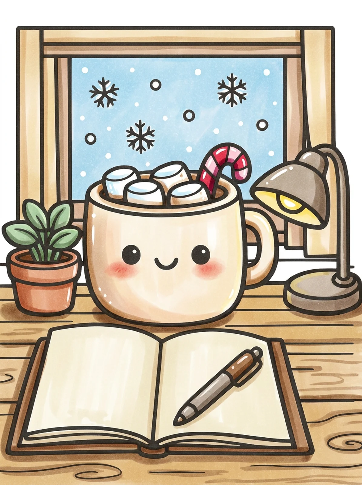 January Journal Desk by the Window coloring page, colored in