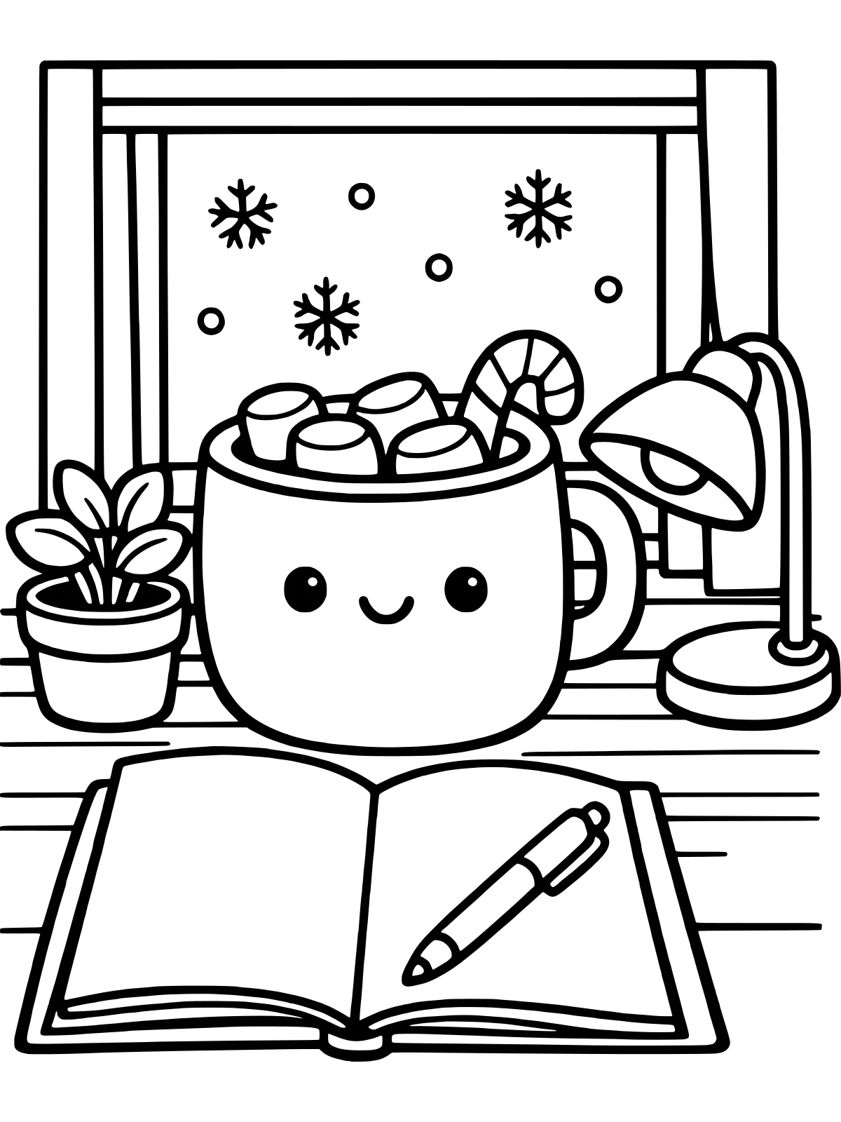 January Journal Desk by the Window coloring page: an open journal with blank pages waits on a desk by a snowy window, next to a mug of cocoa, a potted plant and a lamp, bold and easy line art
