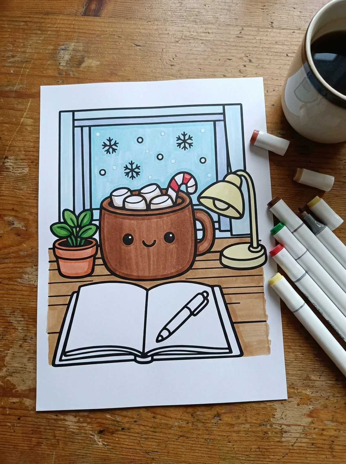 January Journal Desk by the Window coloring page printed and half colored with markers