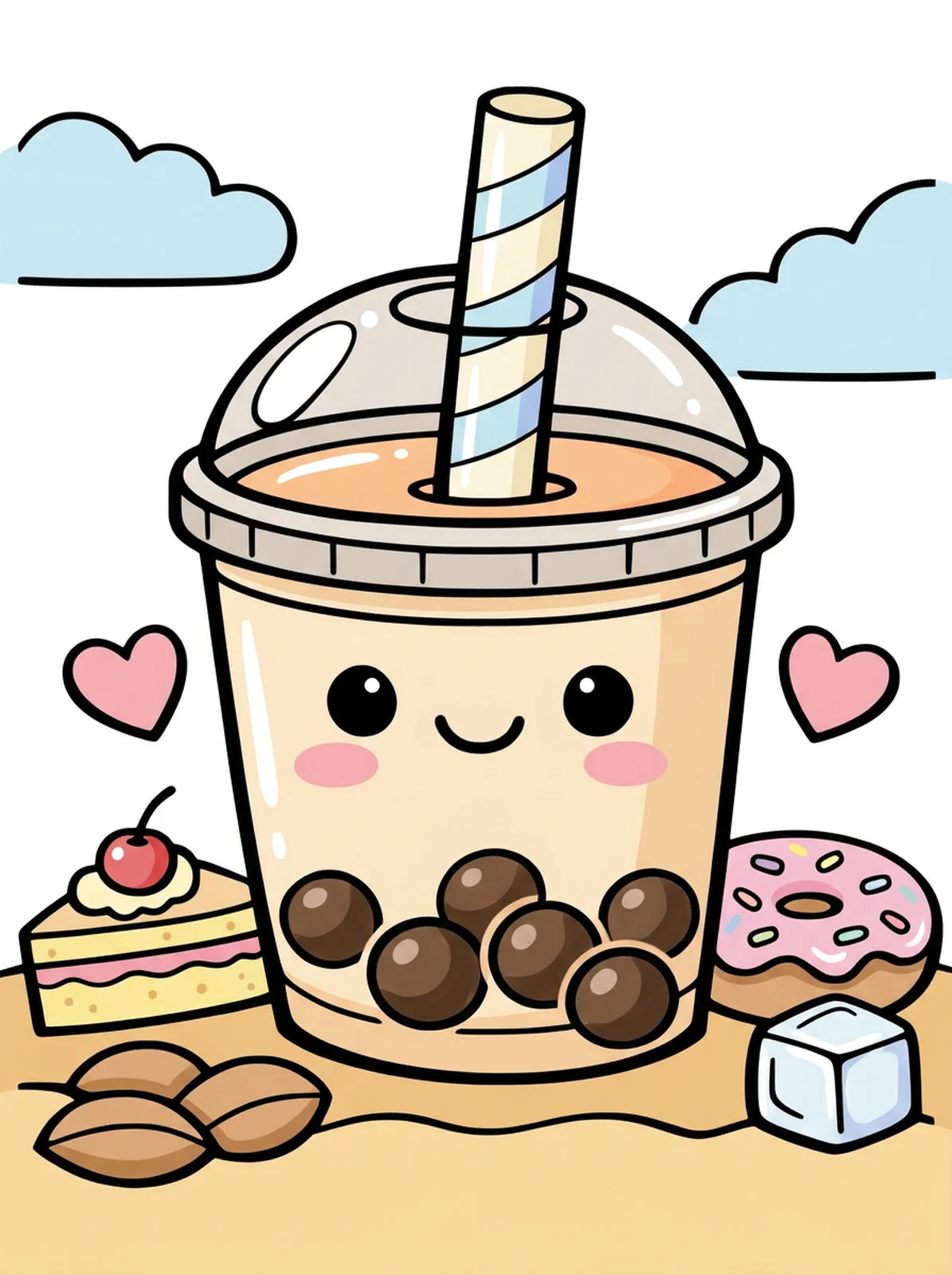 Kawaii Bubble Tea Cup coloring page, colored in