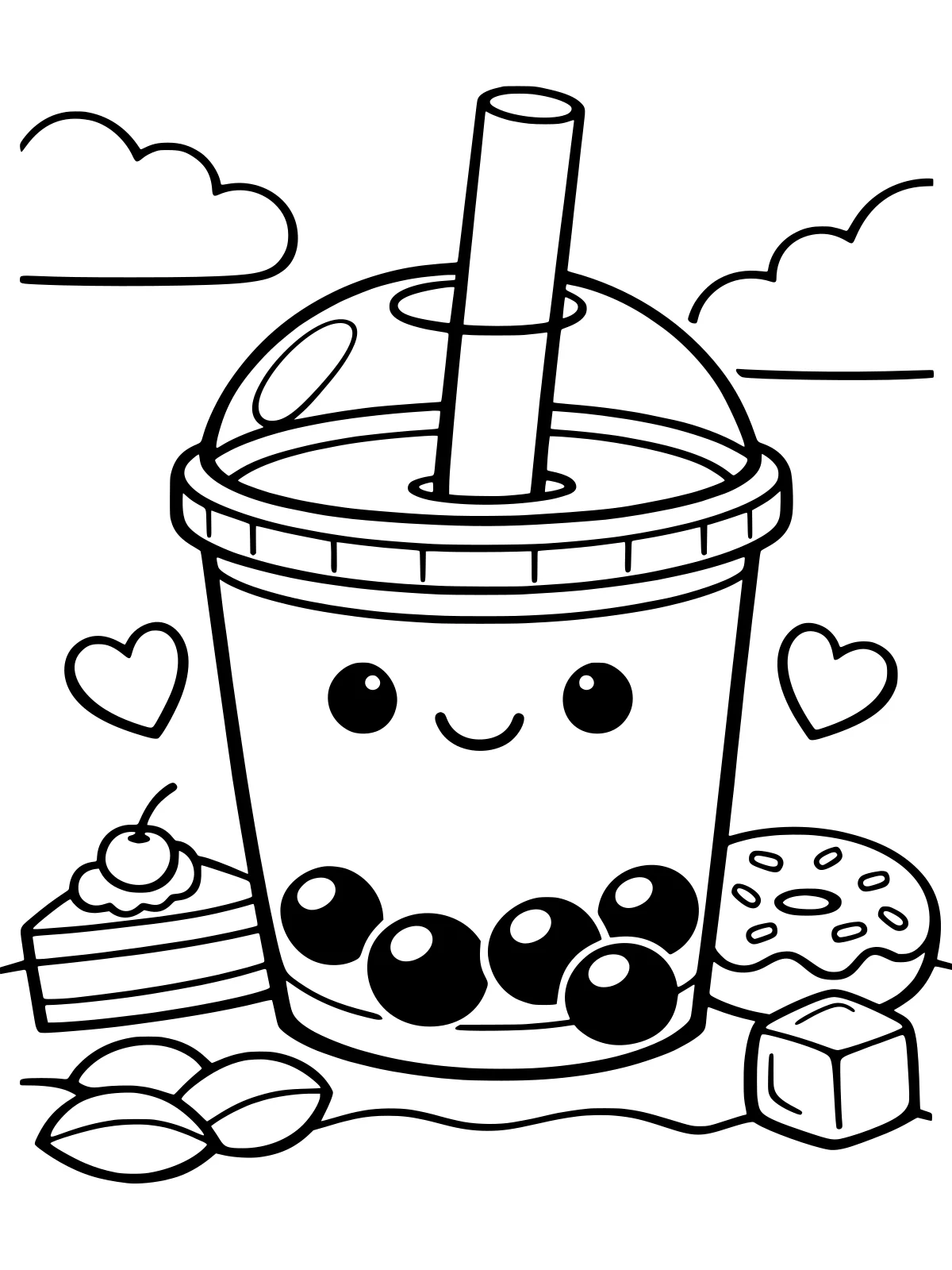 Kawaii Bubble Tea Cup coloring page: a big smiling bubble tea cup with a dome lid, a wide straw and big tapioca pearls, with two little hearts floating by, bold and easy line art