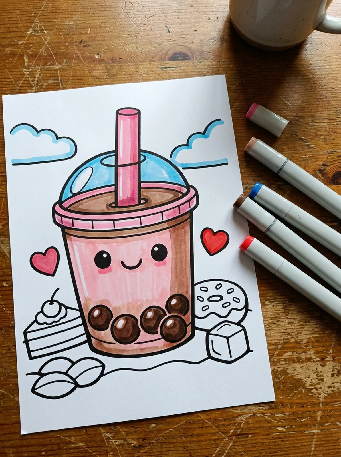 Kawaii Bubble Tea Cup coloring page printed and half colored with markers