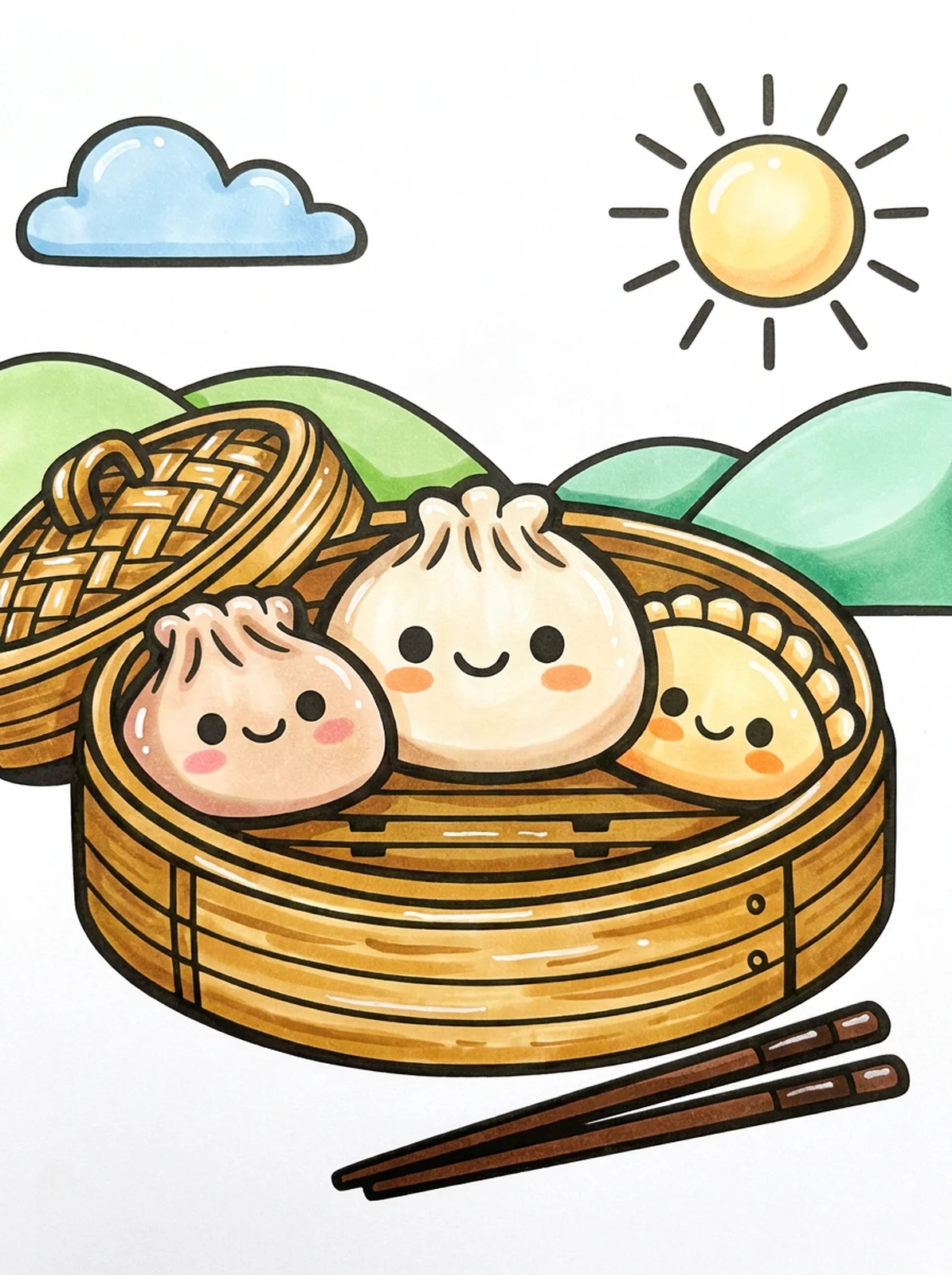 Kawaii Dumplings in a Steamer coloring page, colored in
