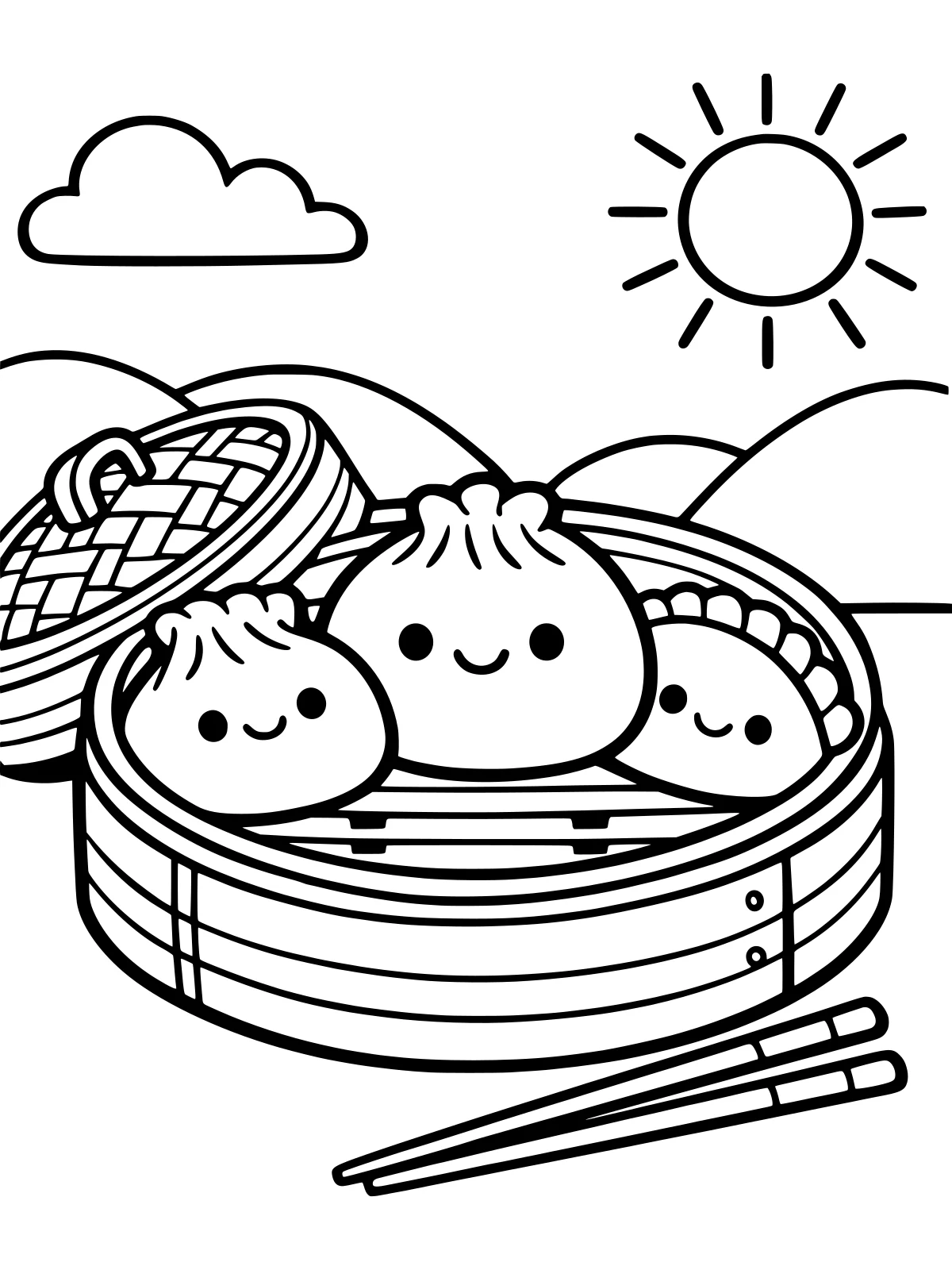 Kawaii Dumplings in a Steamer coloring page: three smiling dumplings sit snugly in a round steamer basket, with the lid leaning beside them and a pair of chopsticks, bold and easy line art