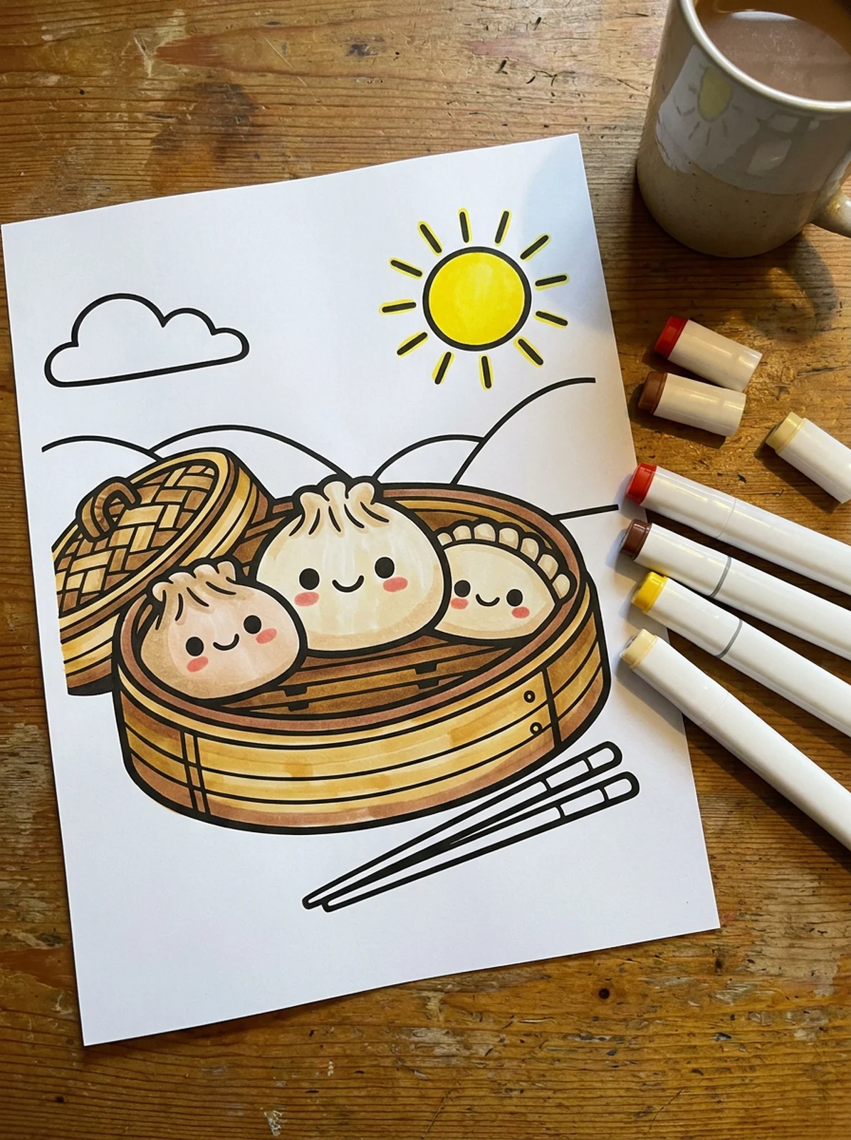 Kawaii Dumplings in a Steamer coloring page printed and half colored with markers
