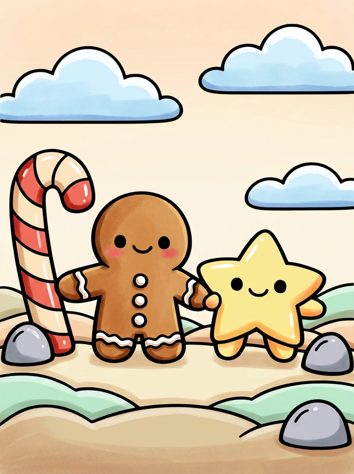 Kawaii Gingerbread Cookie Friends coloring page, colored in
