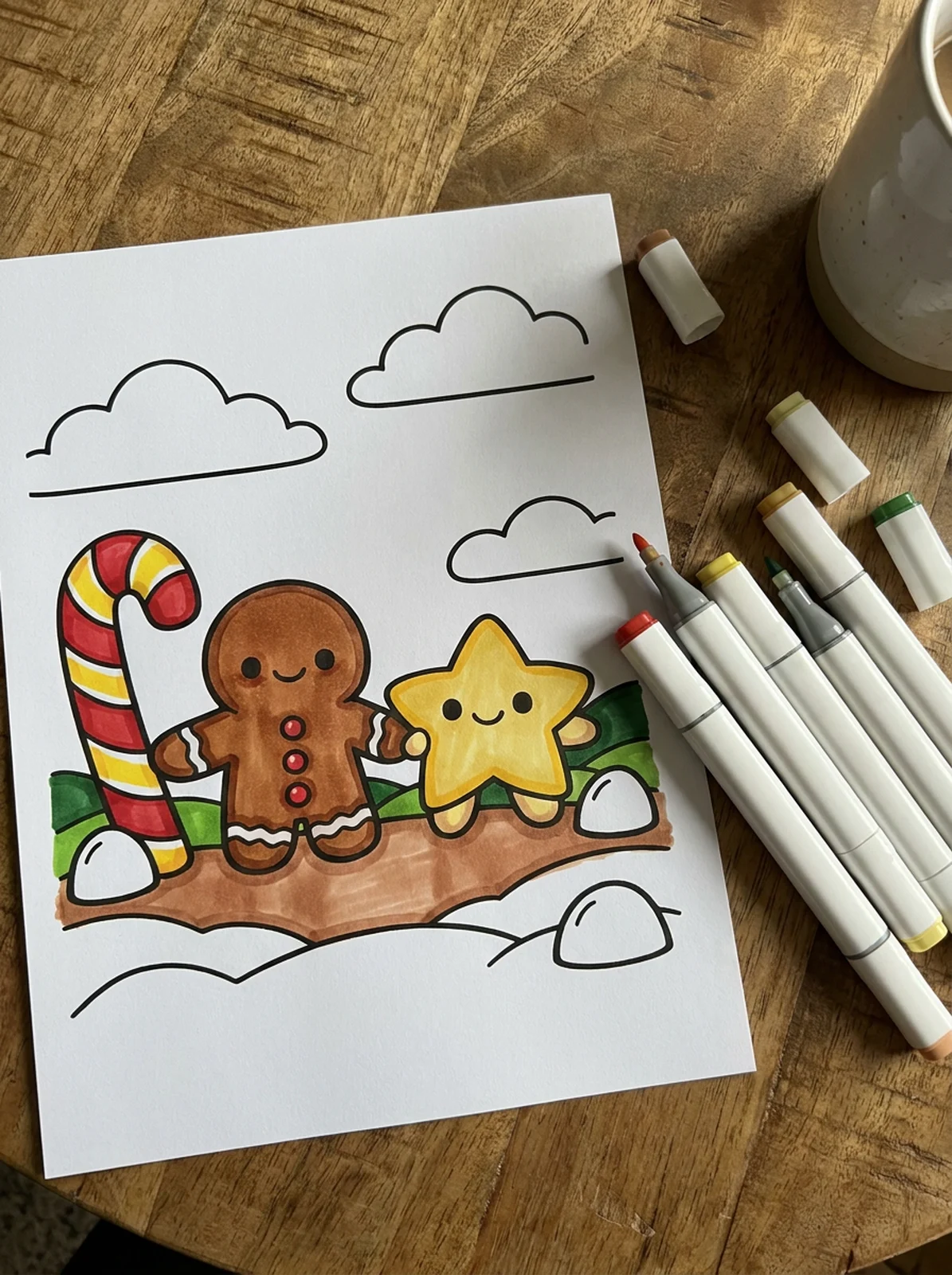Kawaii Gingerbread Cookie Friends coloring page printed and half colored with markers