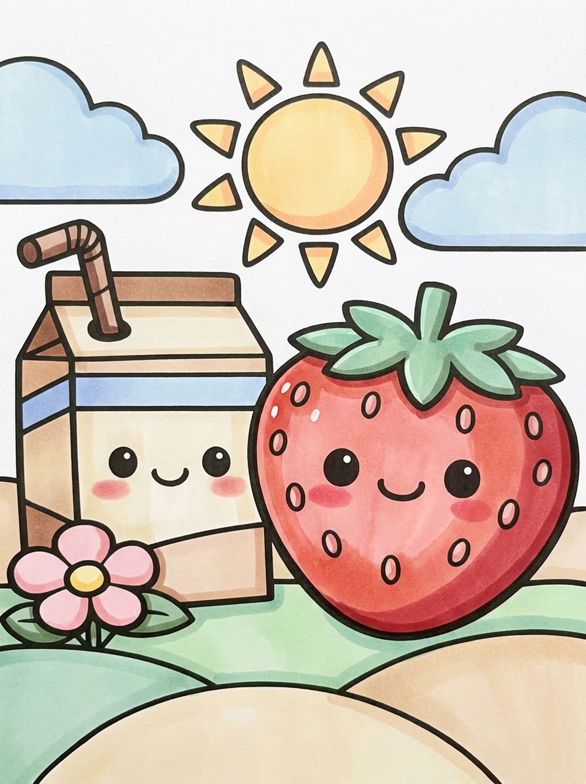 Kawaii Strawberry and Milk Carton coloring page, colored in