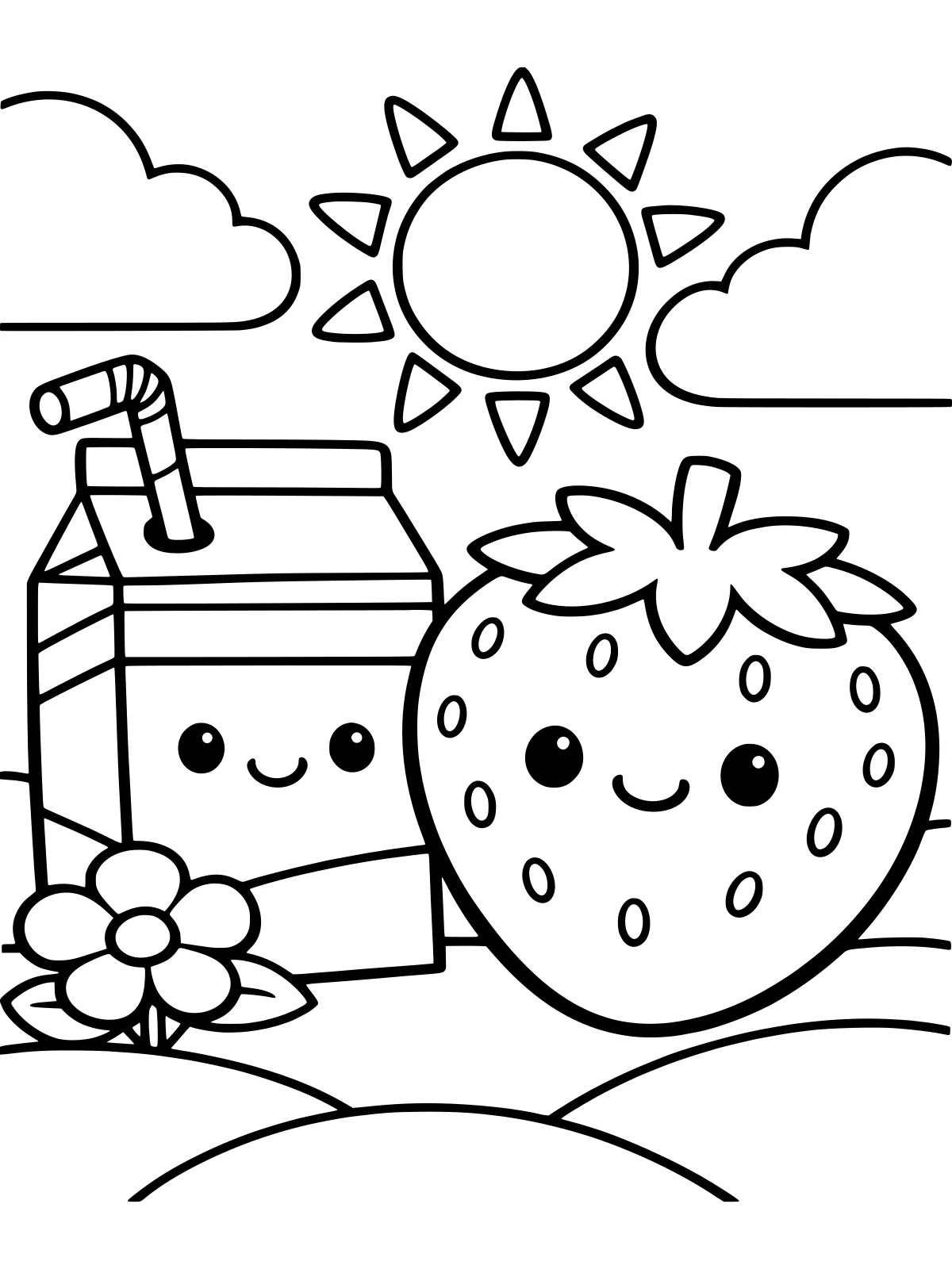 Kawaii Strawberry and Milk Carton coloring page: a smiling strawberry milk carton with a straw stands next to its best friend, a big smiling strawberry, bold and easy line art