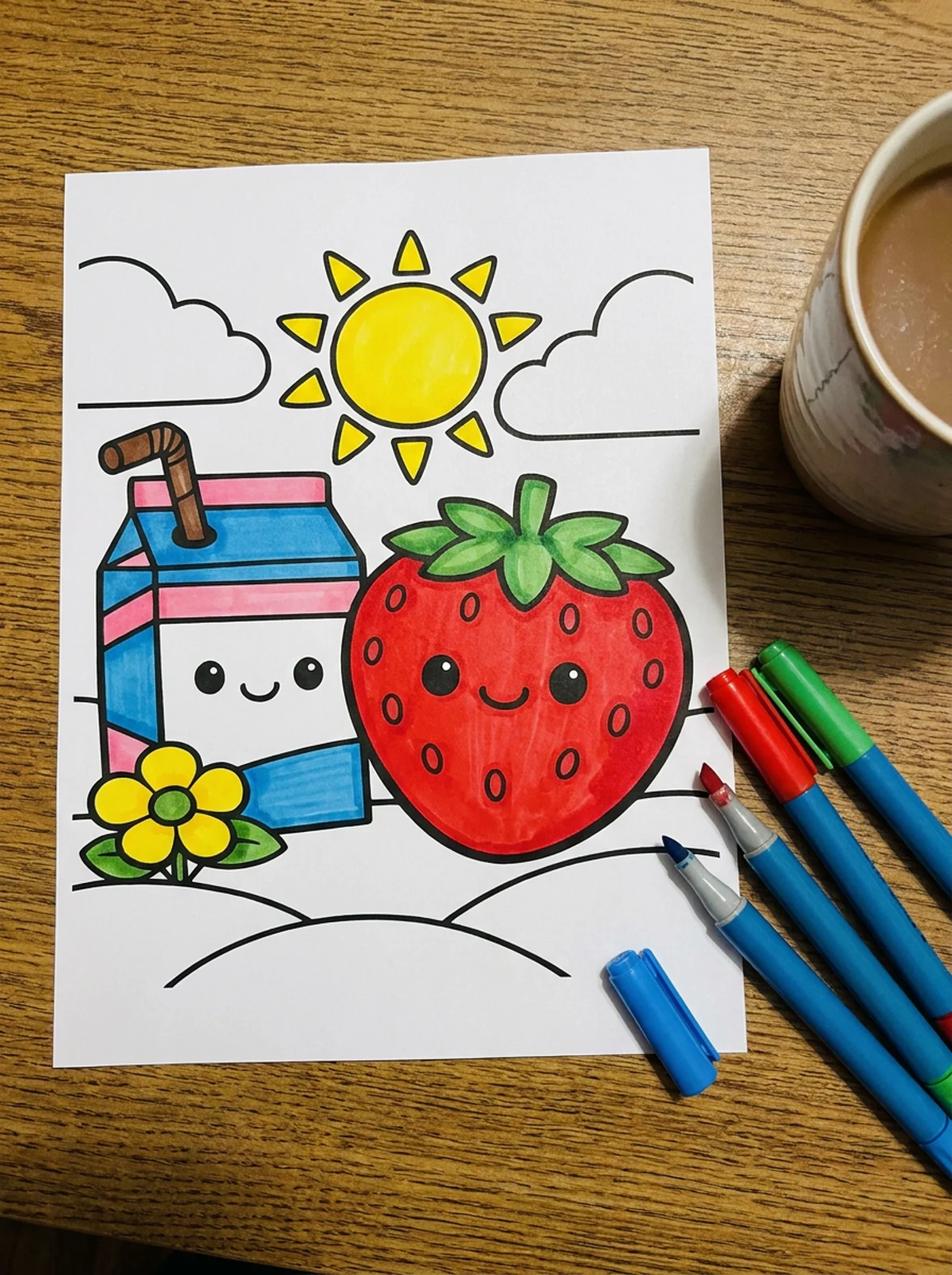 Kawaii Strawberry and Milk Carton coloring page printed and half colored with markers