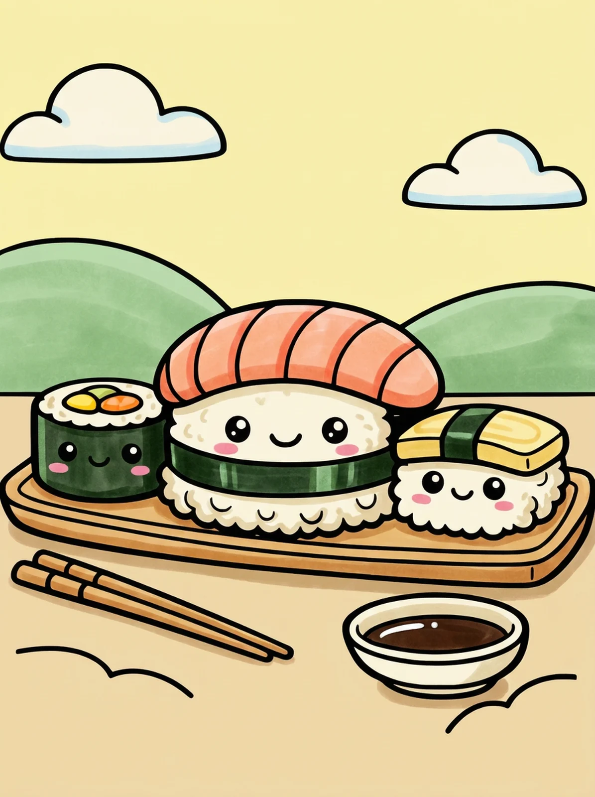 Kawaii Sushi Friends coloring page, colored in