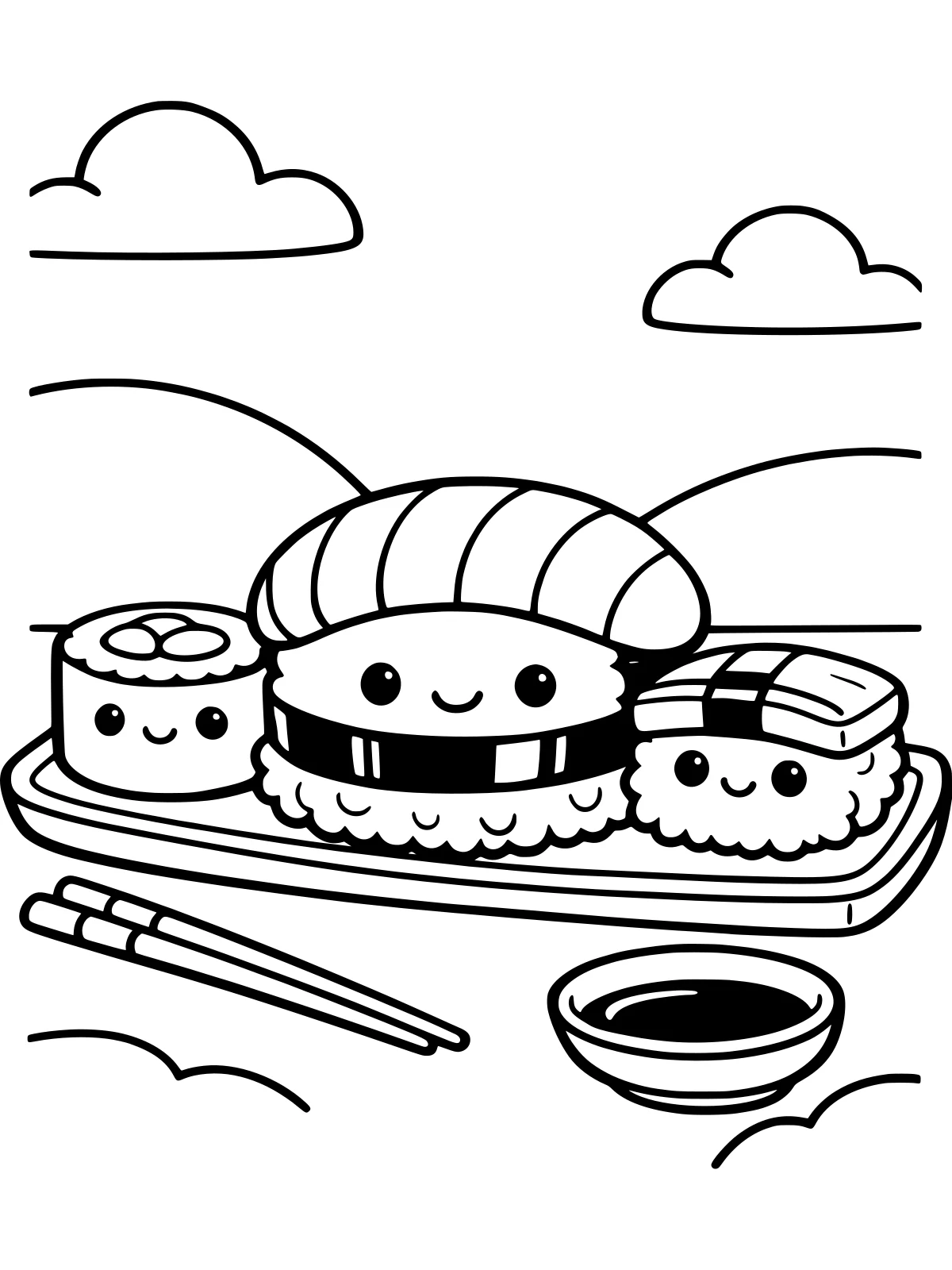 Kawaii Sushi Friends coloring page: three smiling sushi pieces with cute faces sit on a long plate beside a pair of chopsticks and a soy sauce dish, bold and easy line art