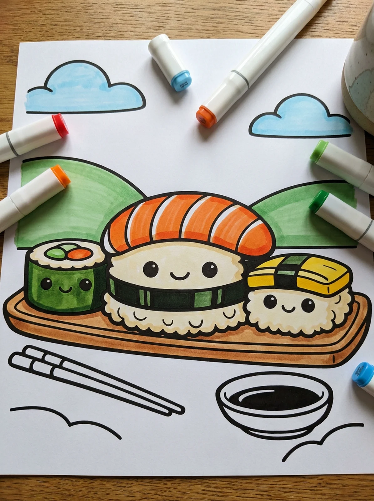 Kawaii Sushi Friends coloring page printed and half colored with markers