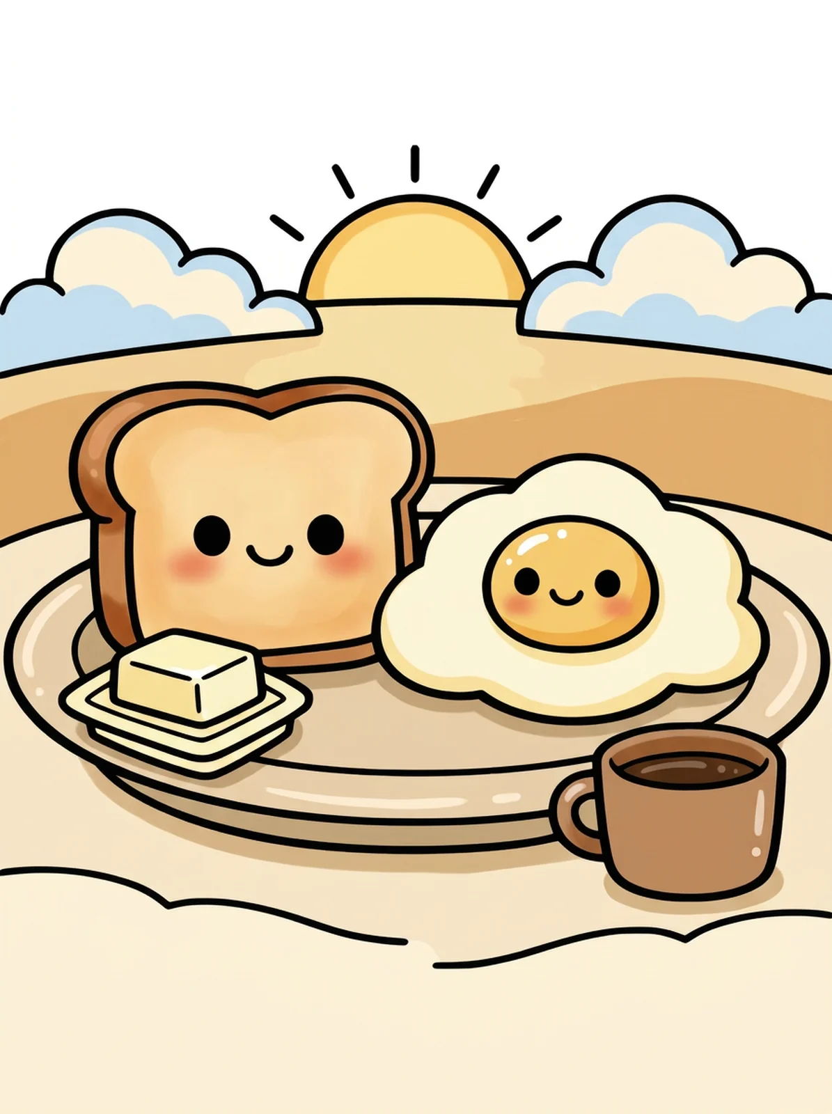 Kawaii Toast and Fried Egg coloring page, colored in