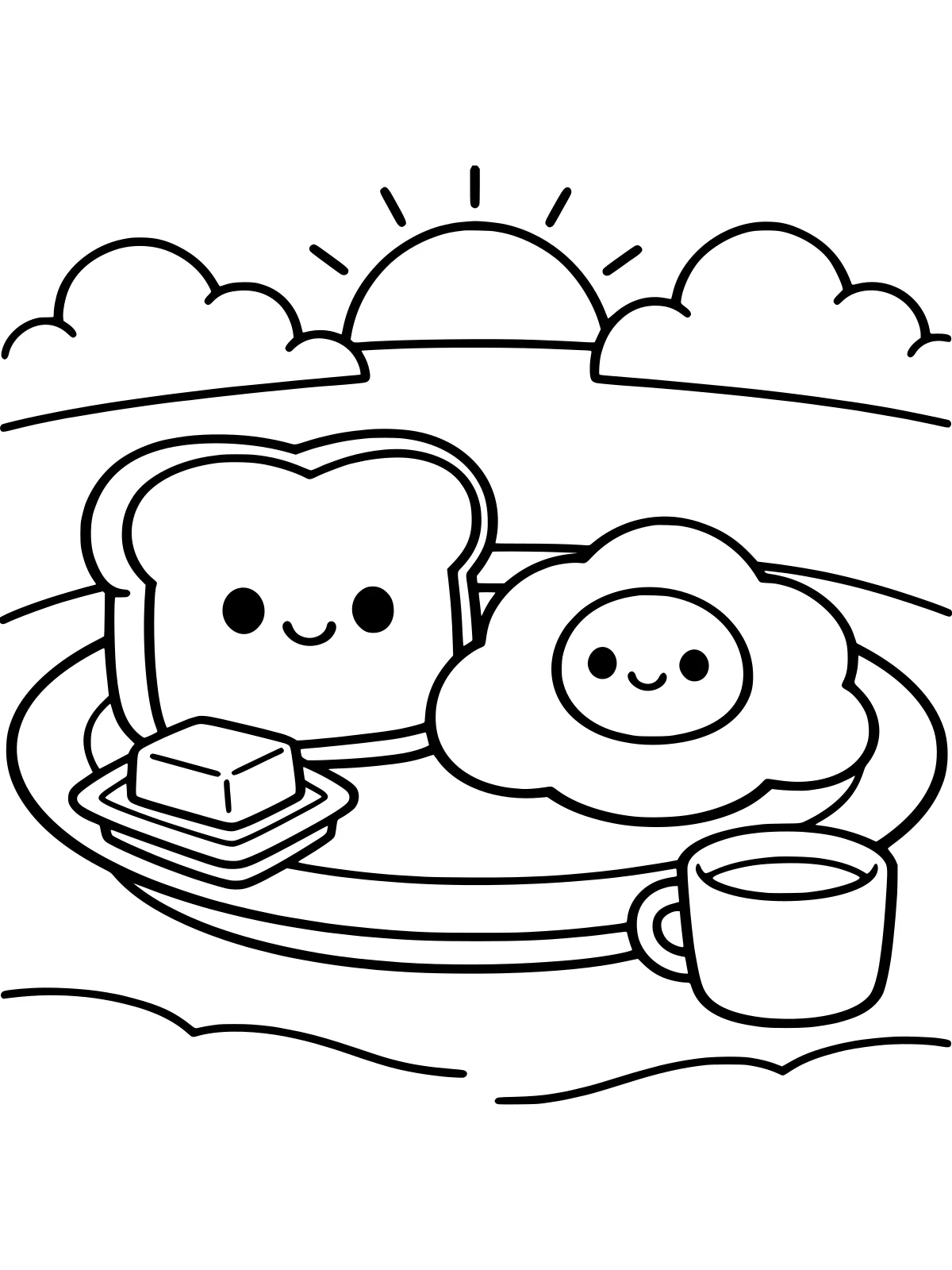 Kawaii Toast and Fried Egg coloring page: a smiling slice of toast and a smiling fried egg sit side by side on a plate with a pat of butter, next to a little mug, bold and easy line art