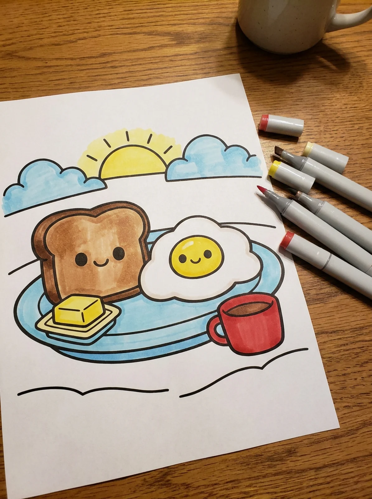 Kawaii Toast and Fried Egg coloring page printed and half colored with markers