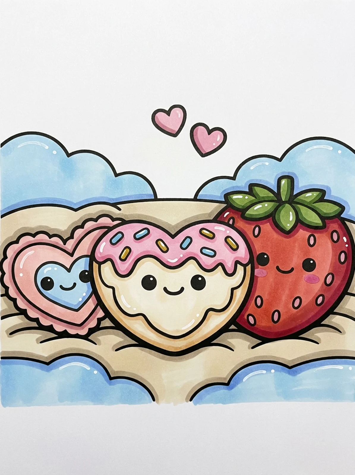 Kawaii Valentine Treat Friends coloring page, colored in