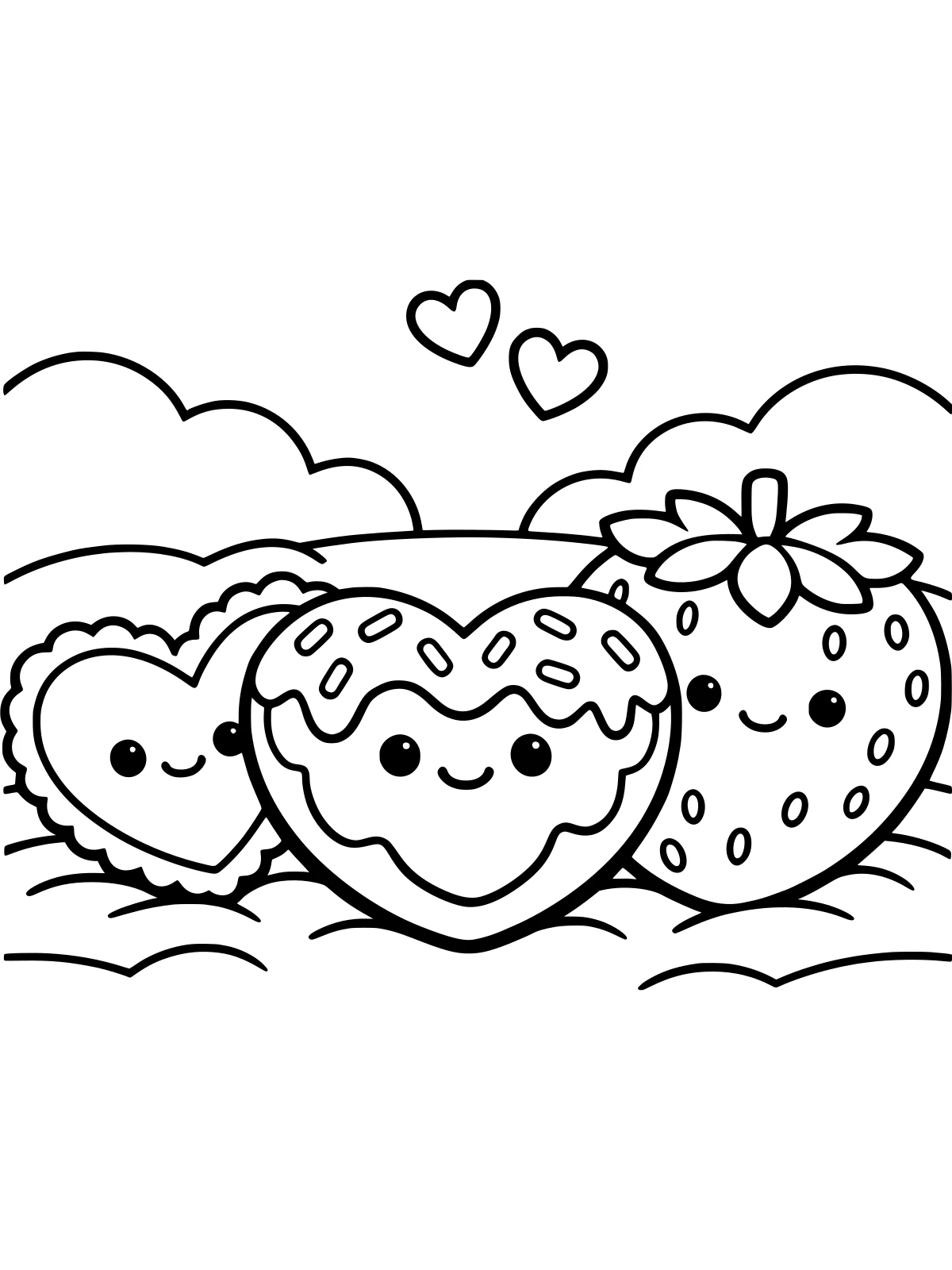 Kawaii Valentine Treat Friends coloring page: a kawaii heart cookie, a heart-shaped donut and a big strawberry with dot eyes and tiny smiles sit together under two small hearts, bold and easy line art