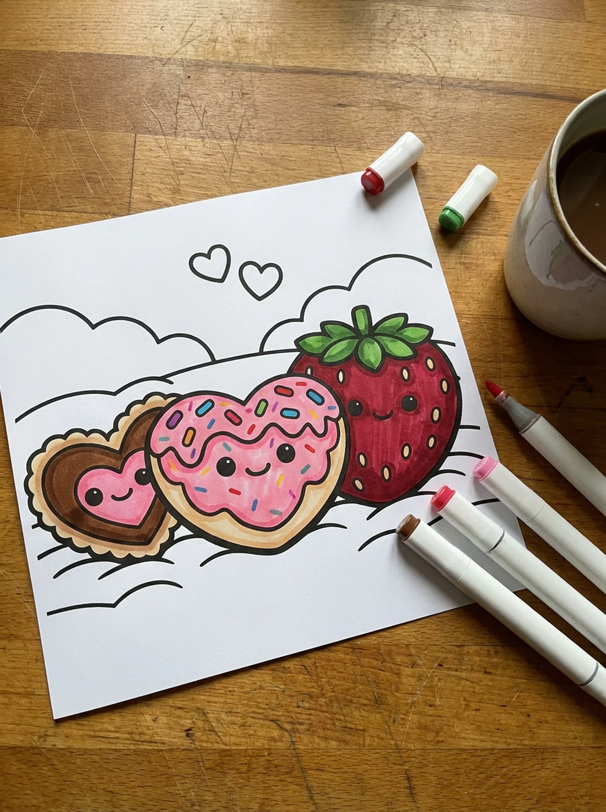 Kawaii Valentine Treat Friends coloring page printed and half colored with markers