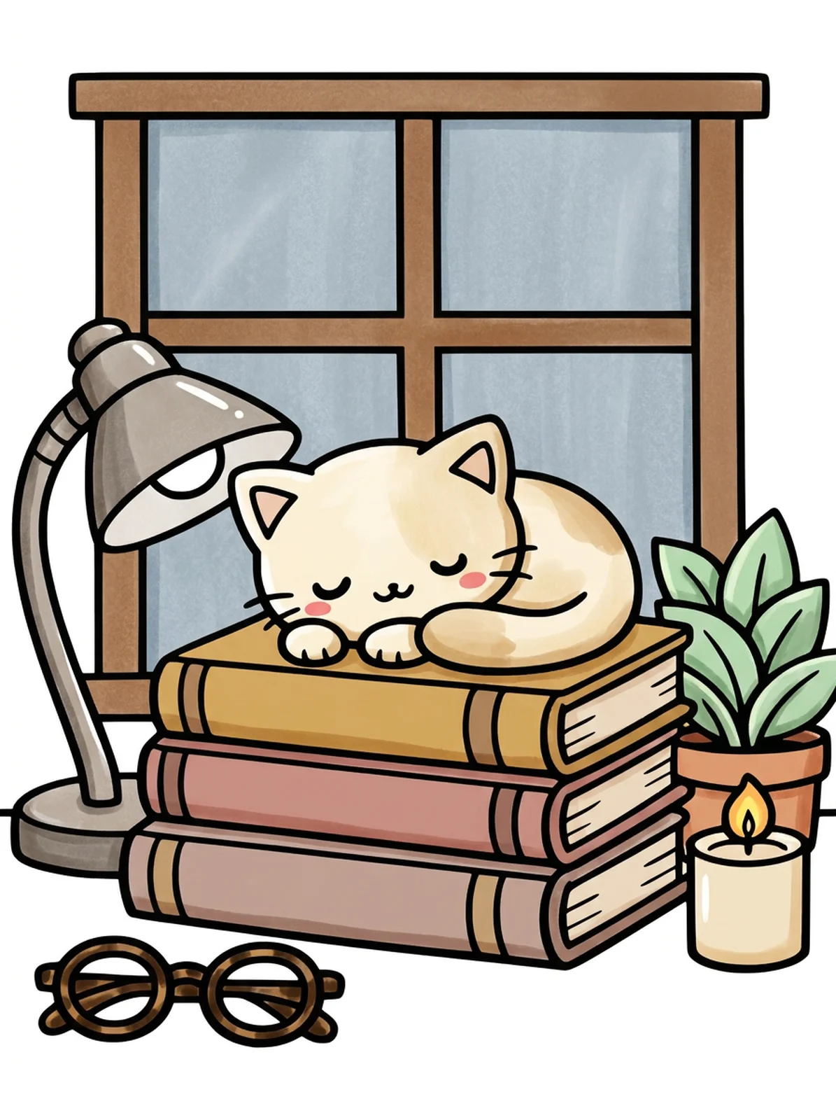 Kitten Asleep on a Stack of Books coloring page, colored in