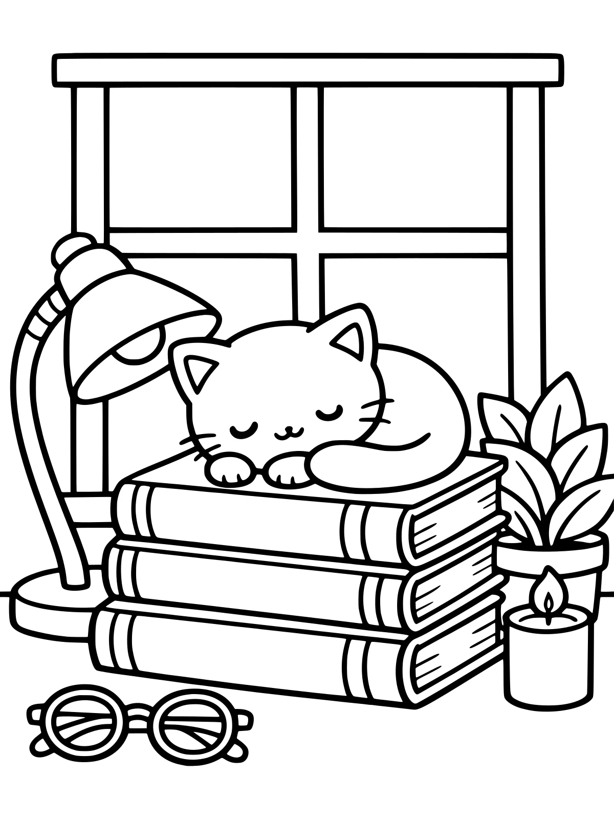 Kitten Asleep on a Stack of Books coloring page: a tiny kitten sleeps on top of a stack of three big books on a desk, with a lamp, a candle, glasses, a plant and a window, bold and easy line art