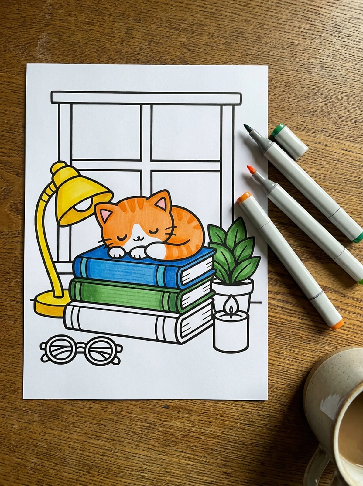 Kitten Asleep on a Stack of Books coloring page printed and half colored with markers