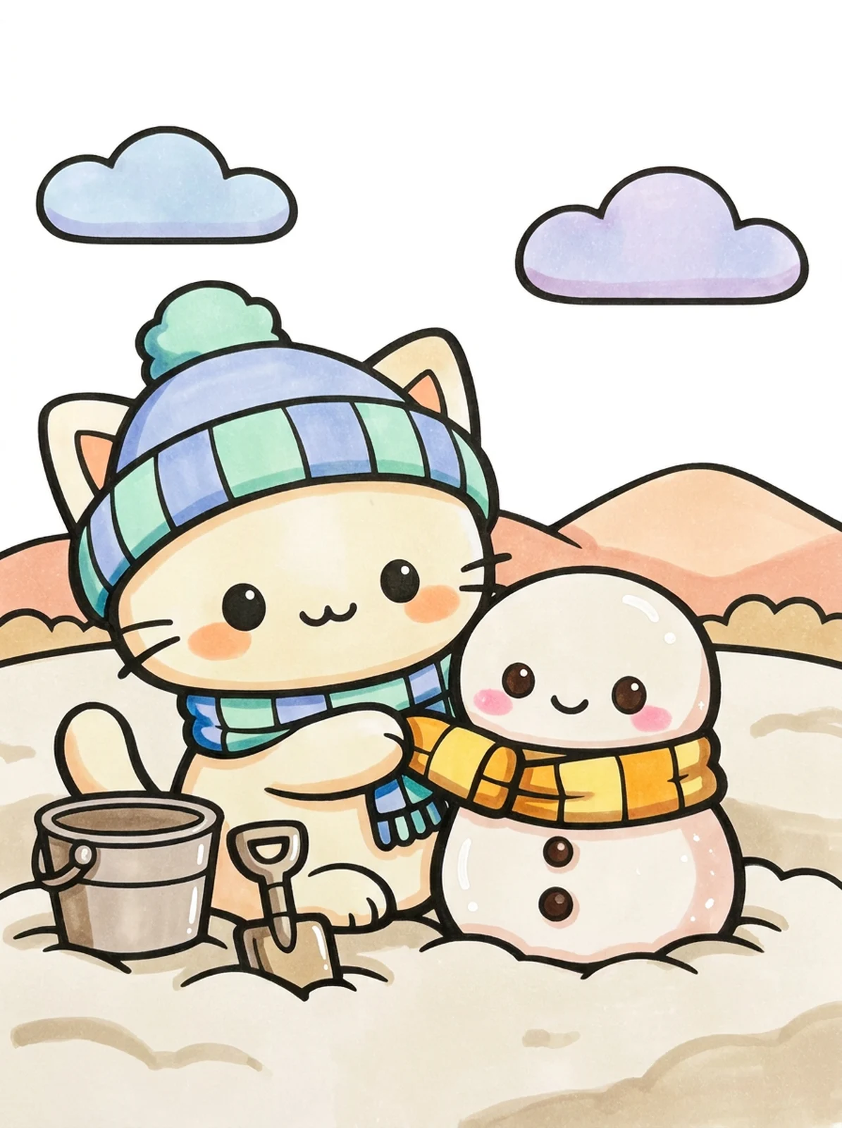 Kitten Building a Snowman coloring page, colored in