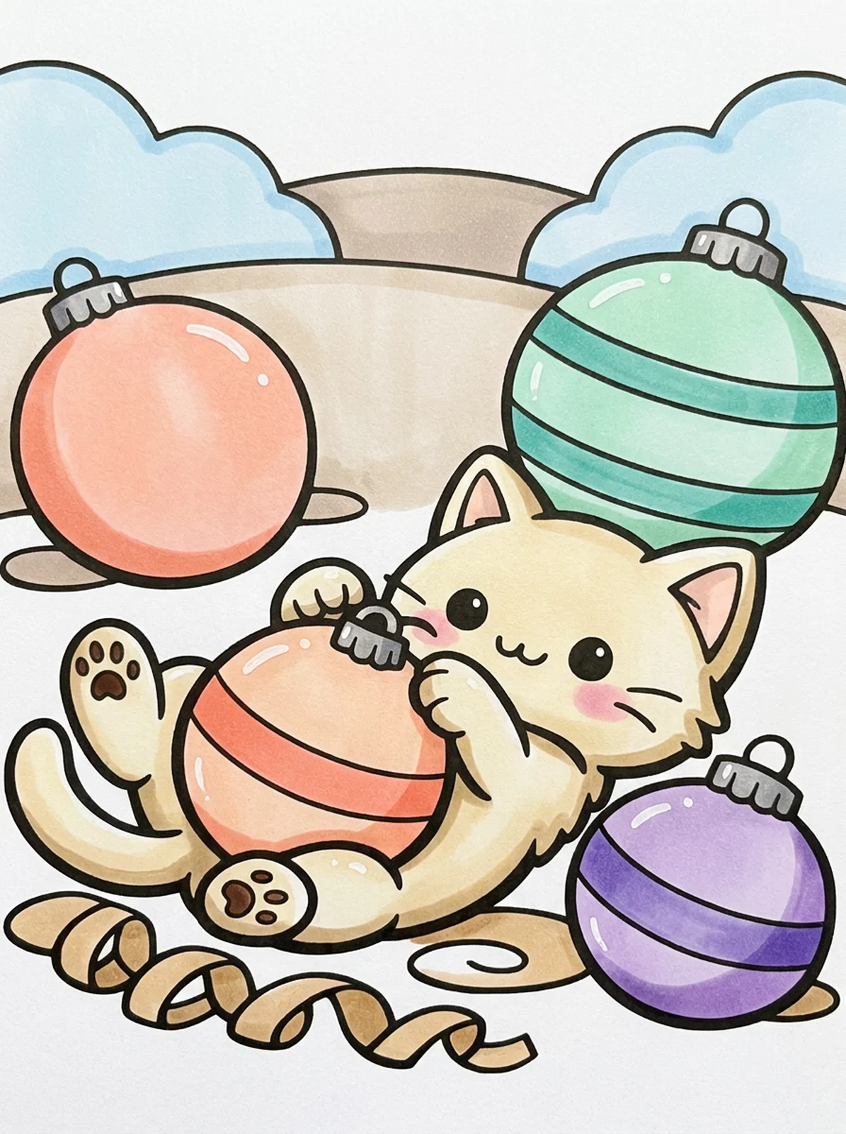 Kitten Playing with Christmas Ornaments coloring page, colored in