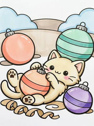 Kitten Playing with Christmas Ornaments coloring page, colored in