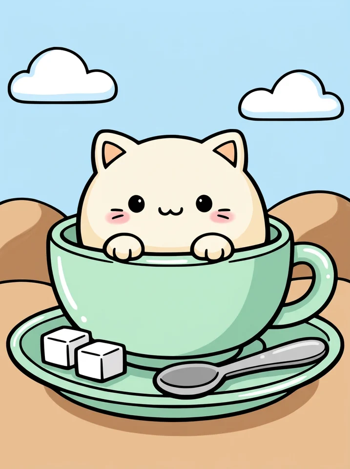 Kitten Sitting in a Teacup coloring page, colored in