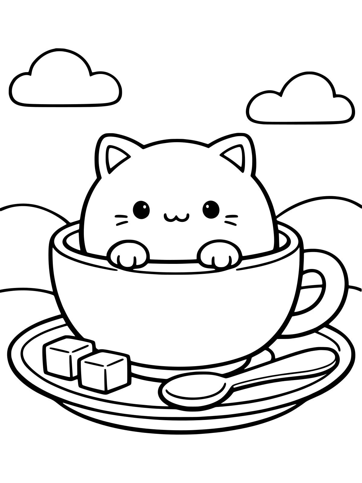 Kitten Sitting in a Teacup coloring page: a tiny round kitten sits inside a big teacup on a saucer, with a spoon and two sugar cubes beside it, bold and easy line art