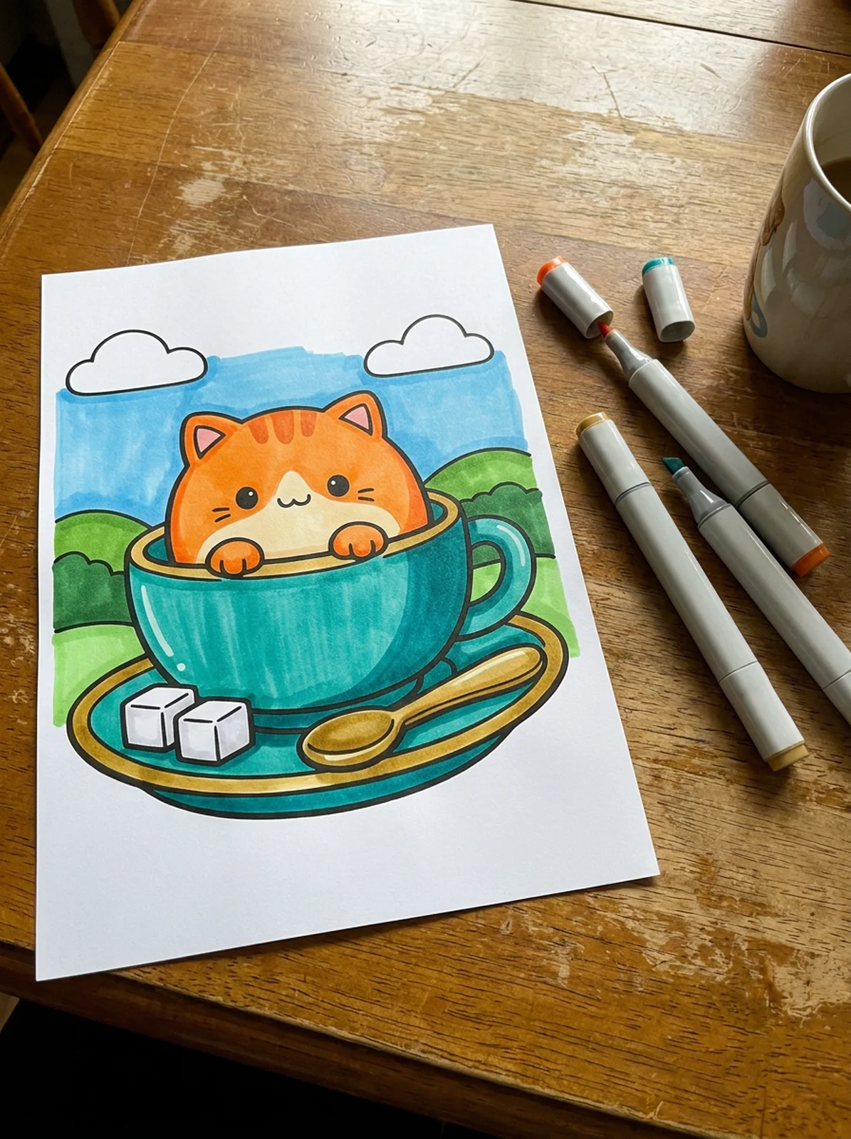 Kitten Sitting in a Teacup coloring page printed and half colored with markers