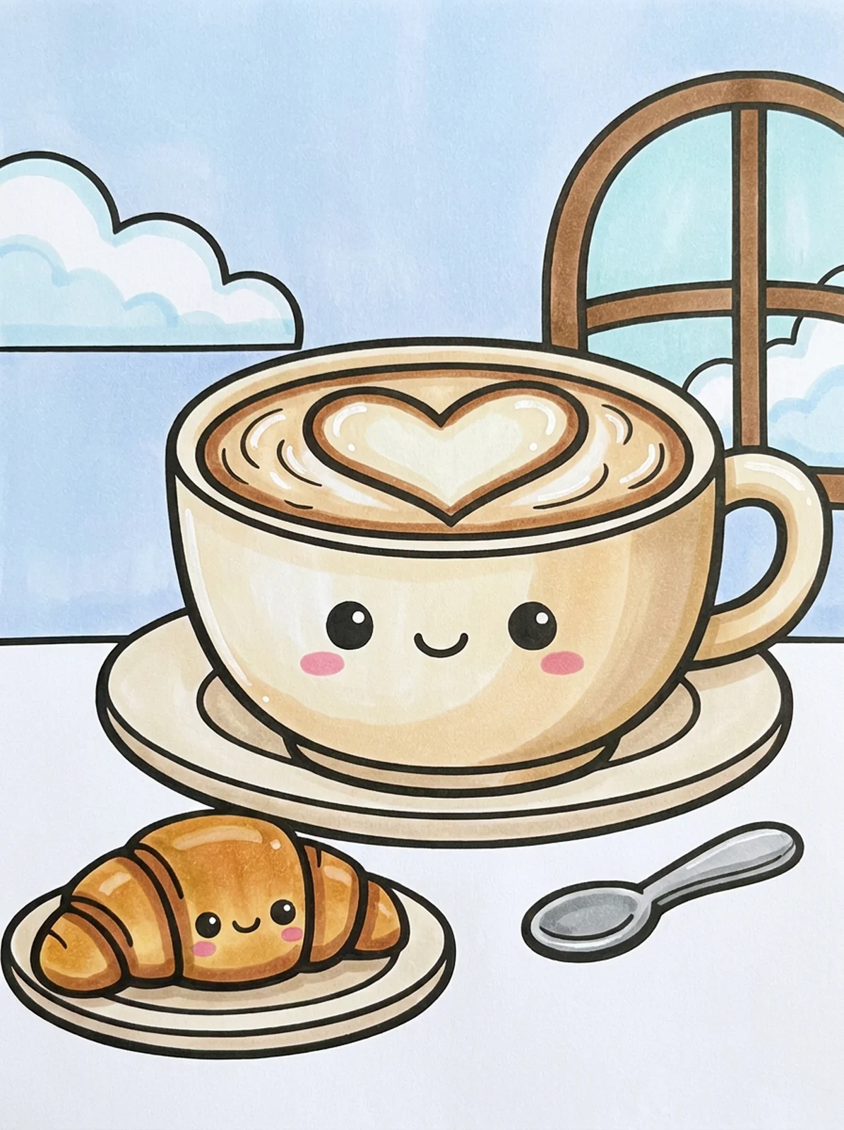 Latte with a Croissant coloring page, colored in