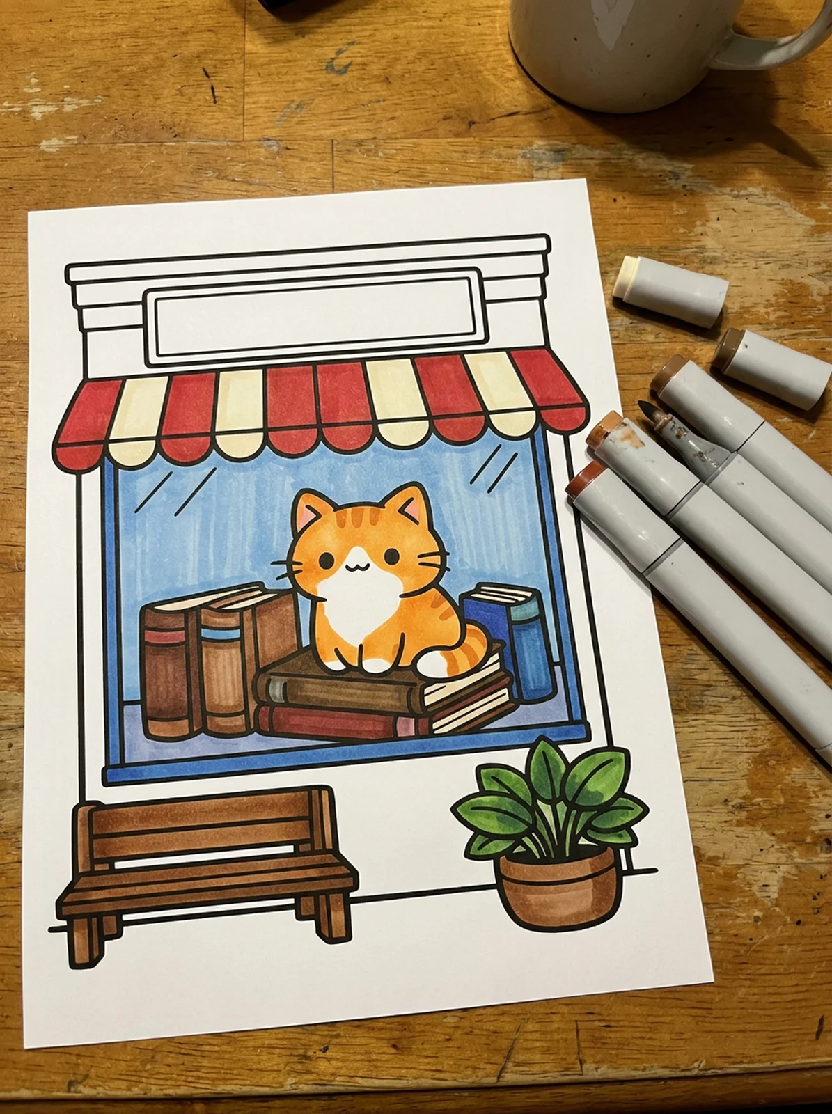 Little Bookshop Storefront coloring page printed and half colored with markers
