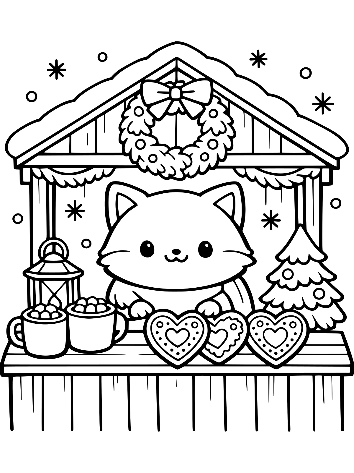 Little Christmas Market Stall coloring page: a round fox runs a little wooden christmas market stall with a wreath on top, selling gingerbread hearts and cocoa by a lantern, bold and easy line art