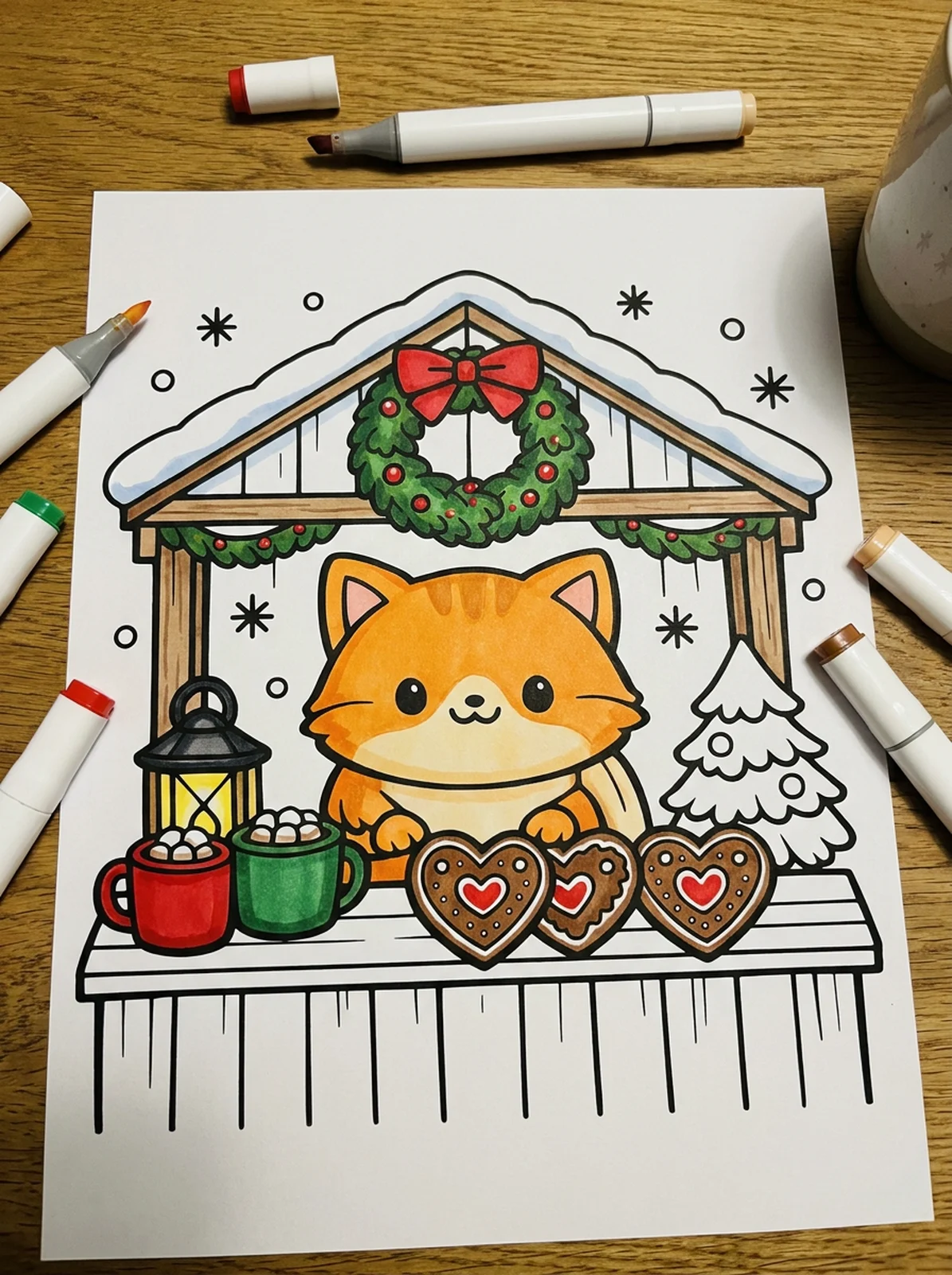 Little Christmas Market Stall coloring page printed and half colored with markers