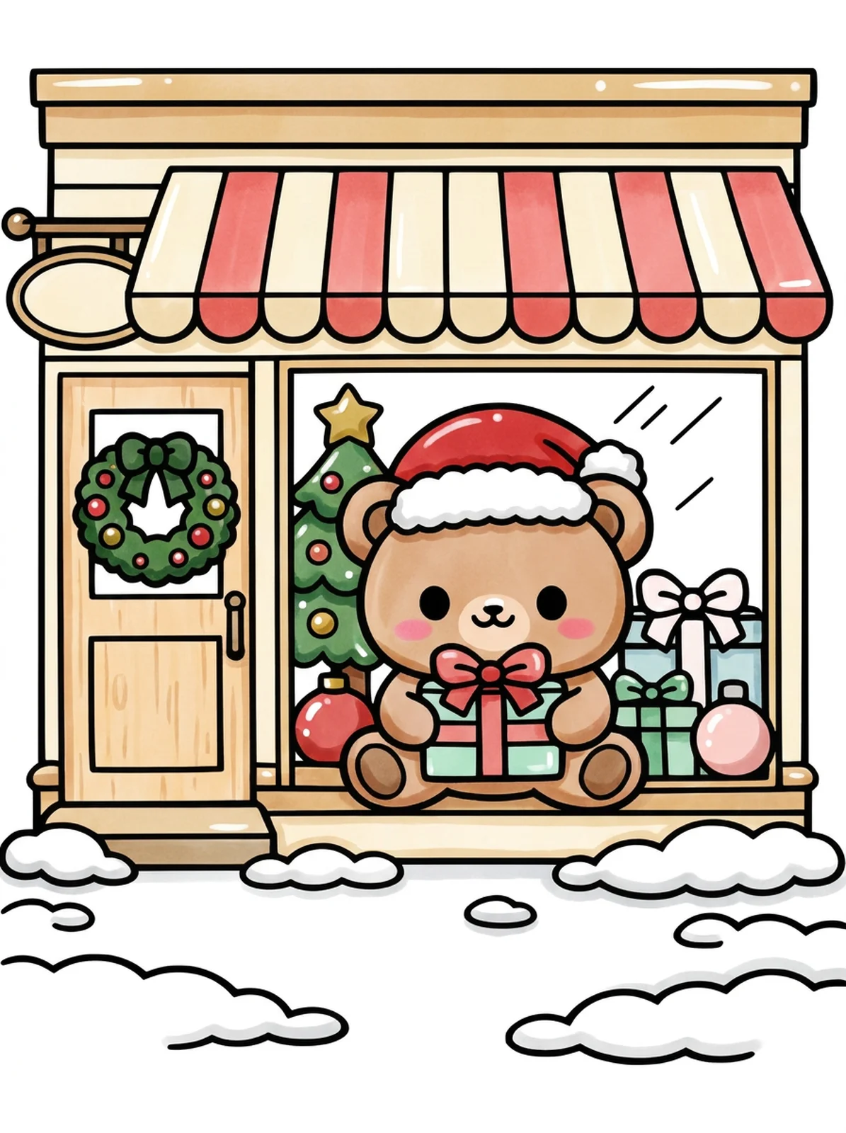 Little Christmas Shop in the Snow coloring page, colored in