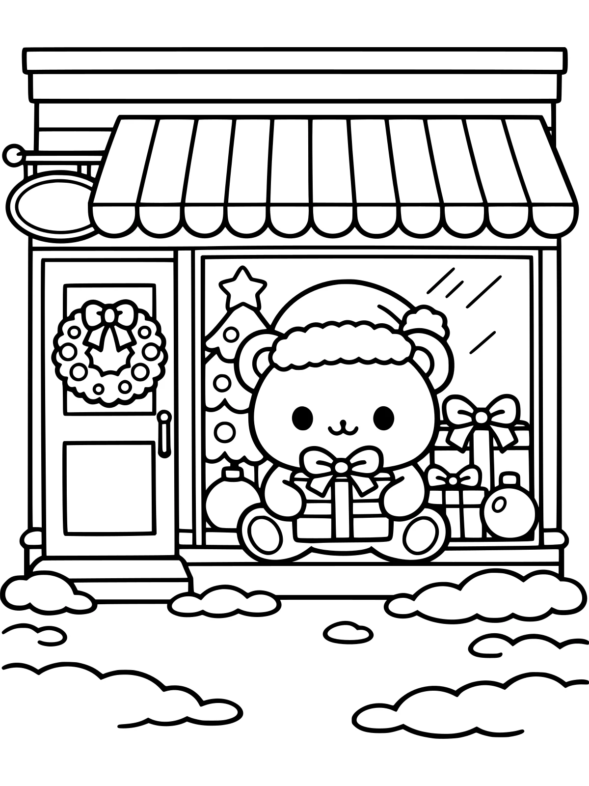 Little Christmas Shop in the Snow coloring page: a little christmas shop with a teddy bear and gifts in its window, a wreath on the door, an awning and a snowy sidewalk, bold and easy line art