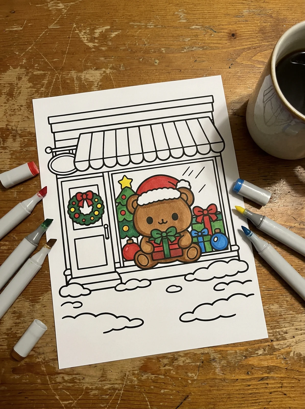 Little Christmas Shop in the Snow coloring page printed and half colored with markers