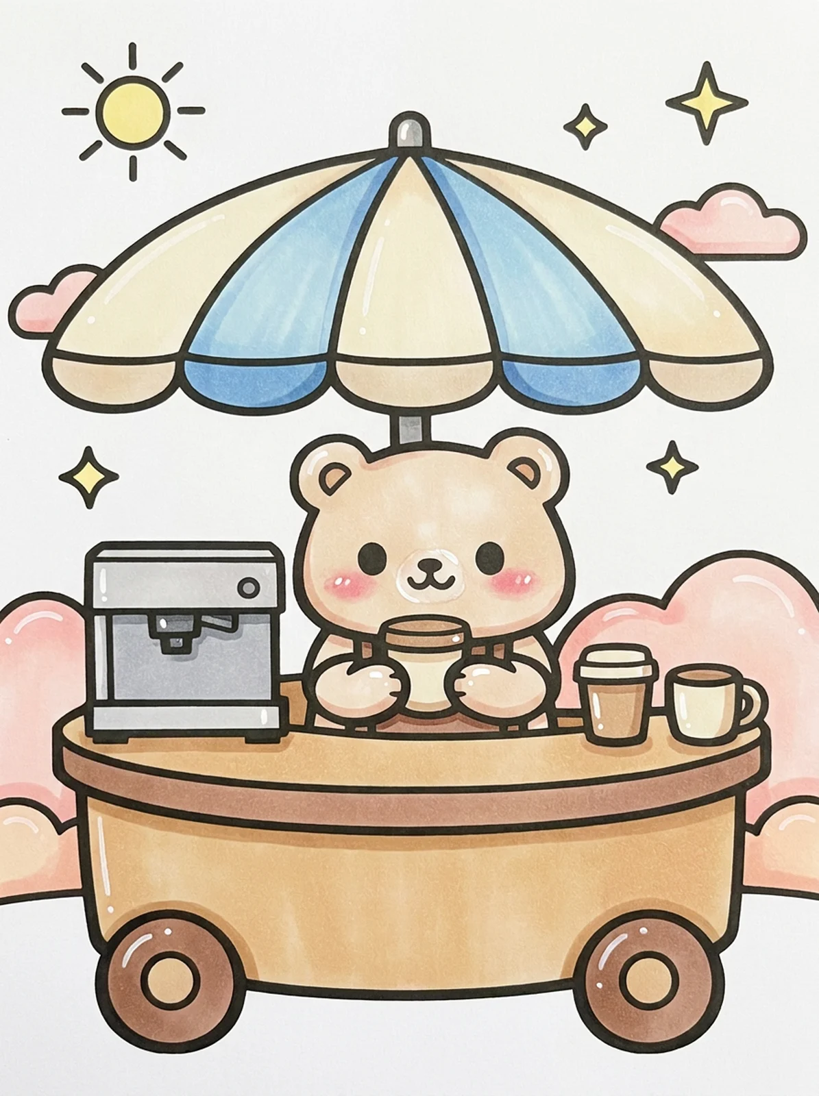 Little Coffee Cart with an Umbrella coloring page, colored in