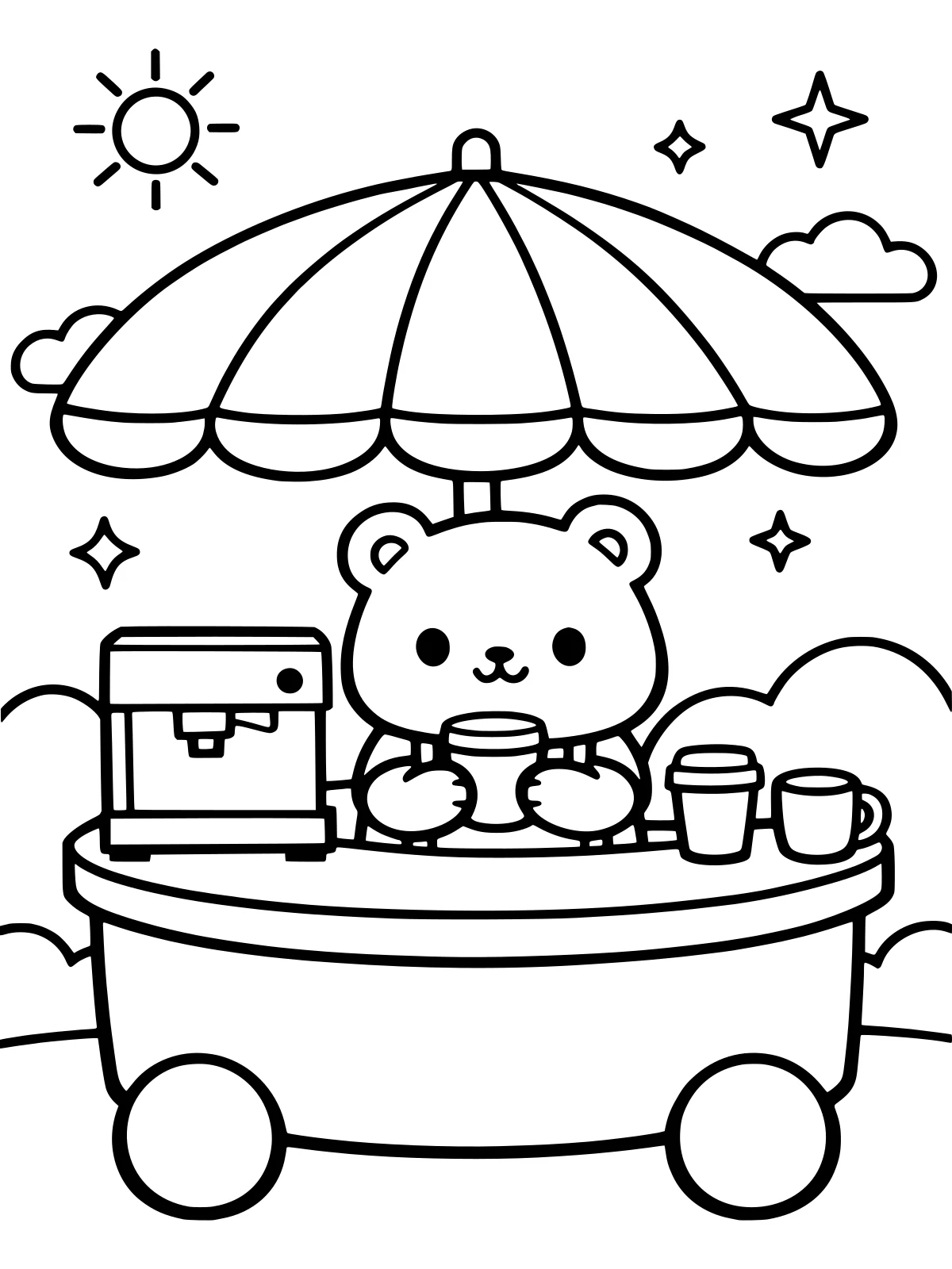 Little Coffee Cart with an Umbrella coloring page: a bear barista holds a cup behind a small coffee cart on wheels under a big striped umbrella, with an espresso machine and two cups, bold and easy line art