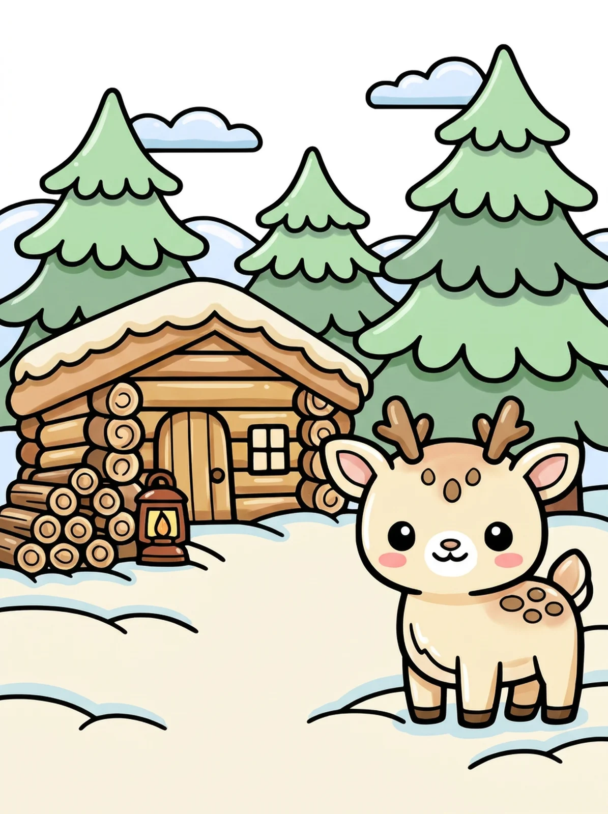 Log Cabin in the Snowy Woods coloring page, colored in