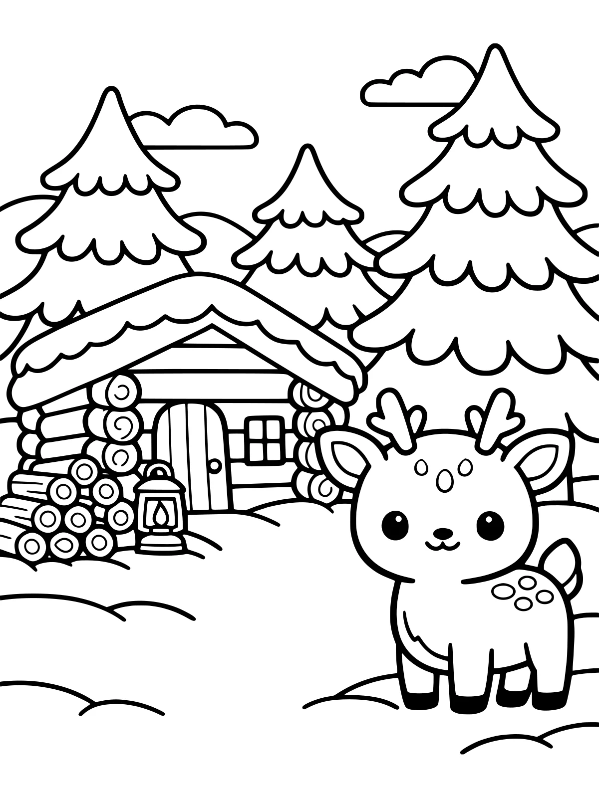 Log Cabin in the Snowy Woods coloring page: a small log cabin in a snowy forest clearing with a stack of firewood, a lantern by the door, big pine trees and a little deer, bold and easy line art